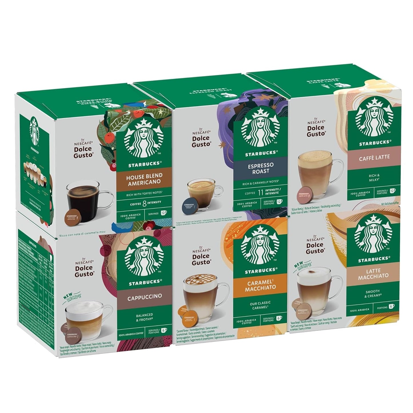STARBUCKS Probierset, Mixed Cup Variety Pack af Nescafé Dolce Gusto Kaffeekapseln 6 x 12 (72 Kapseln) - Exklusiv bei Amazon
