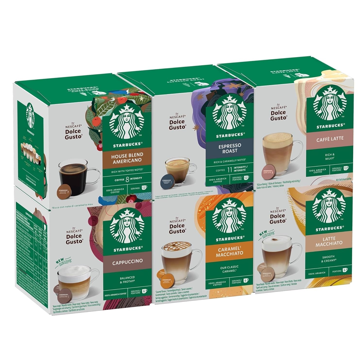 STARBUCKS Probierset, Mixed Cup Variety Pack af Nescafé Dolce Gusto Kaffeekapseln 6 x 12 (72 Kapseln) - Exklusiv bei Amazon