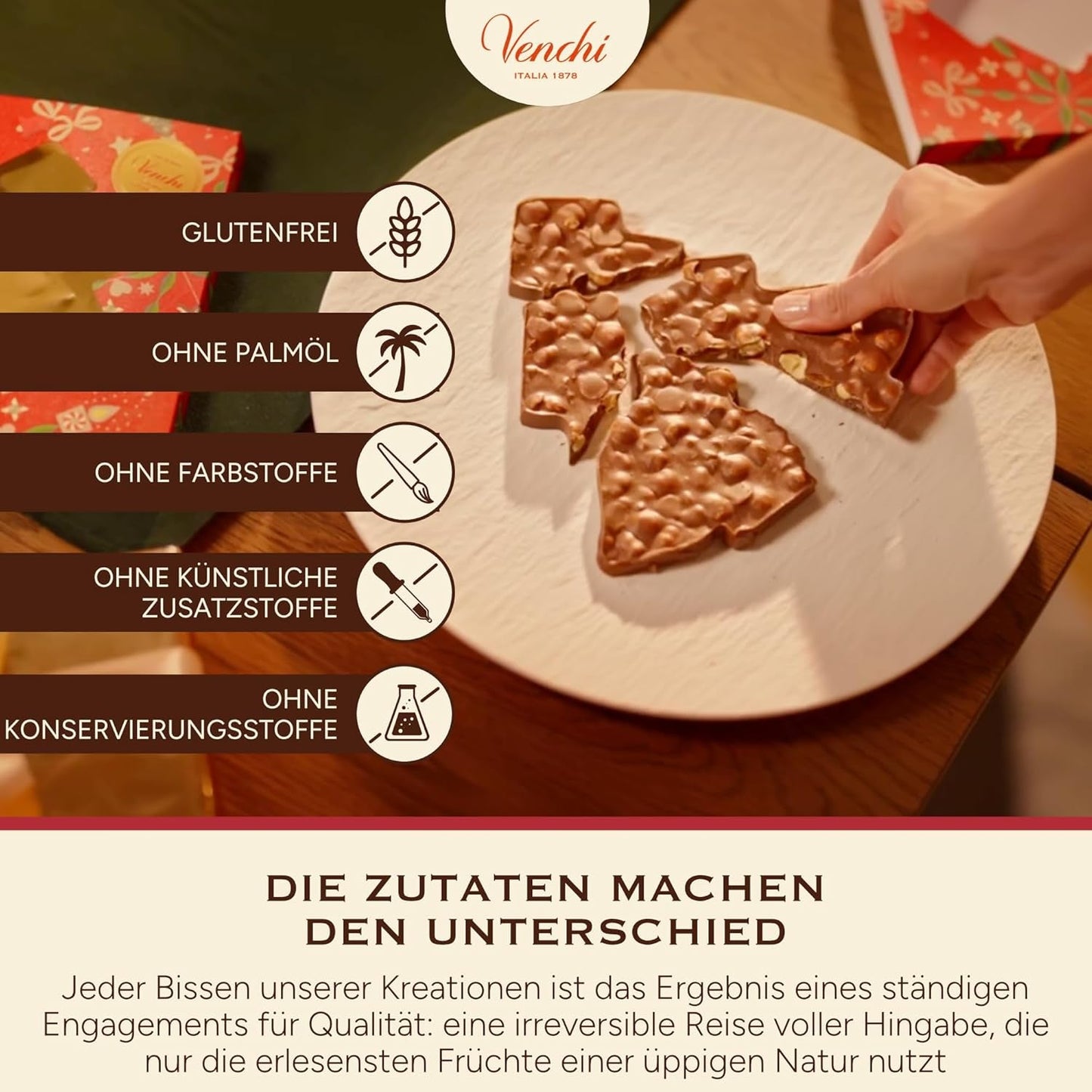 Venchi, Brutto&Buono, håndlavet "Piedmont Forest Hazelnut" grantræformet mælkechokoladebar, 200 g, glutenfri, julekollektion i begrænset udgave, gaveidé