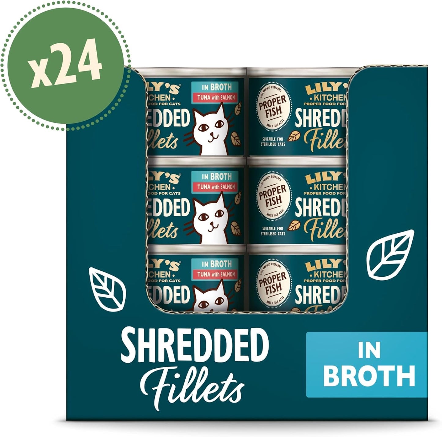 Hakkede fileter i bouillon med tun og laks, tilberedt med naturlige ingredienser, Lily's Kitchen, vådfoder til voksne katte, 70g æske