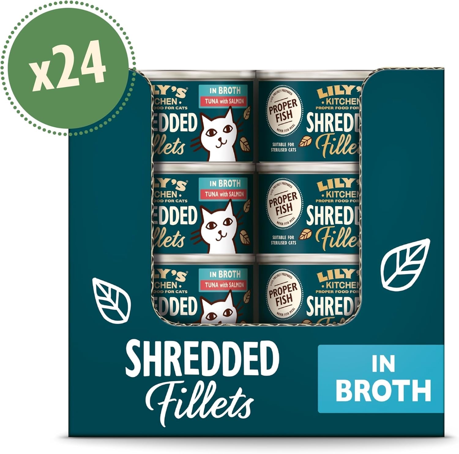 Hakkede fileter i bouillon med tun og laks, tilberedt med naturlige ingredienser, Lily's Kitchen, vådfoder til voksne katte, 70g æske