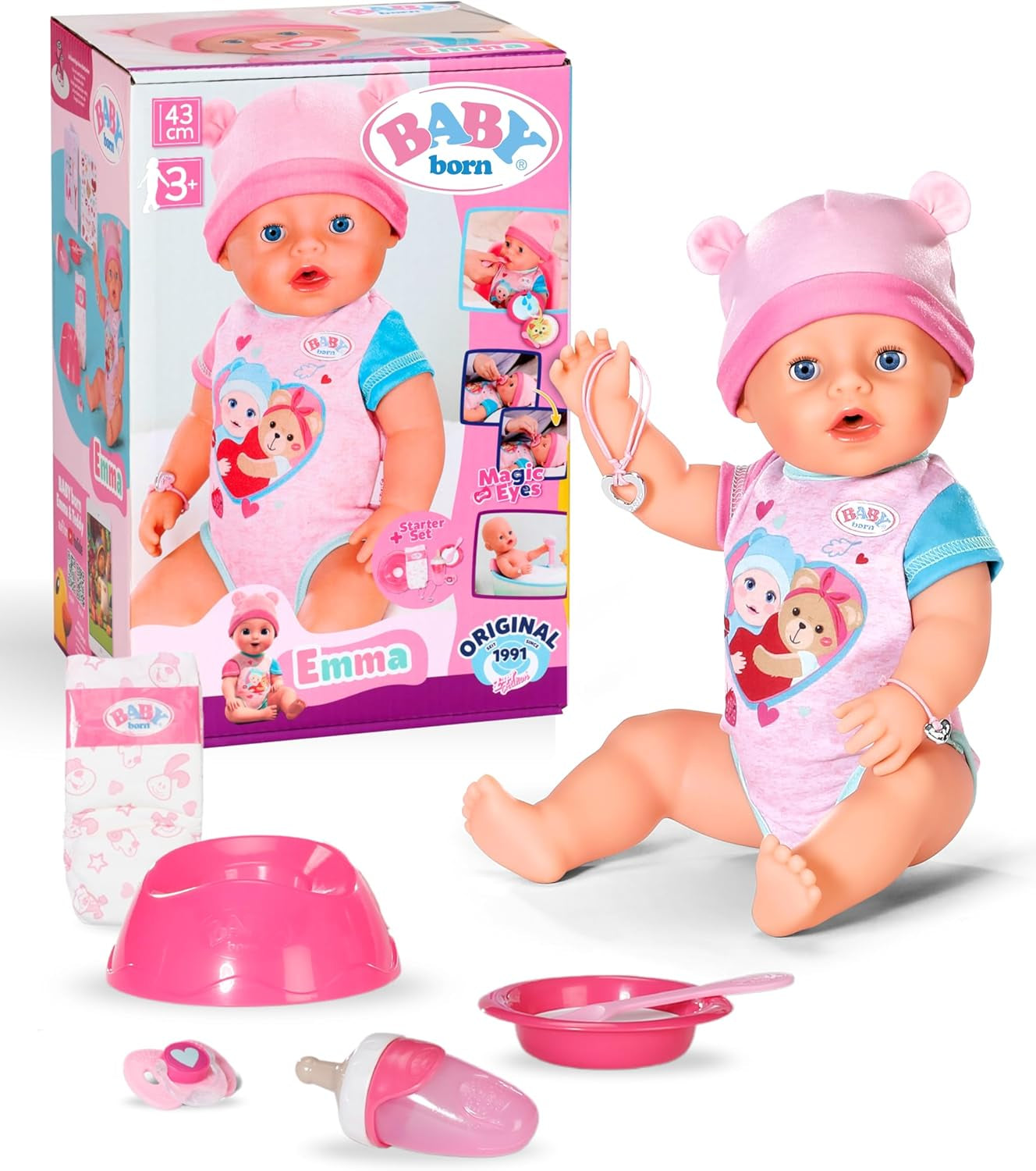 BABY Born Emma - babydukke 43 cm - 10 funktioner inklusive tilbehør og madras - Fungerer fuldt ud uden batterier - Velegnet til børn fra 3 år og derover