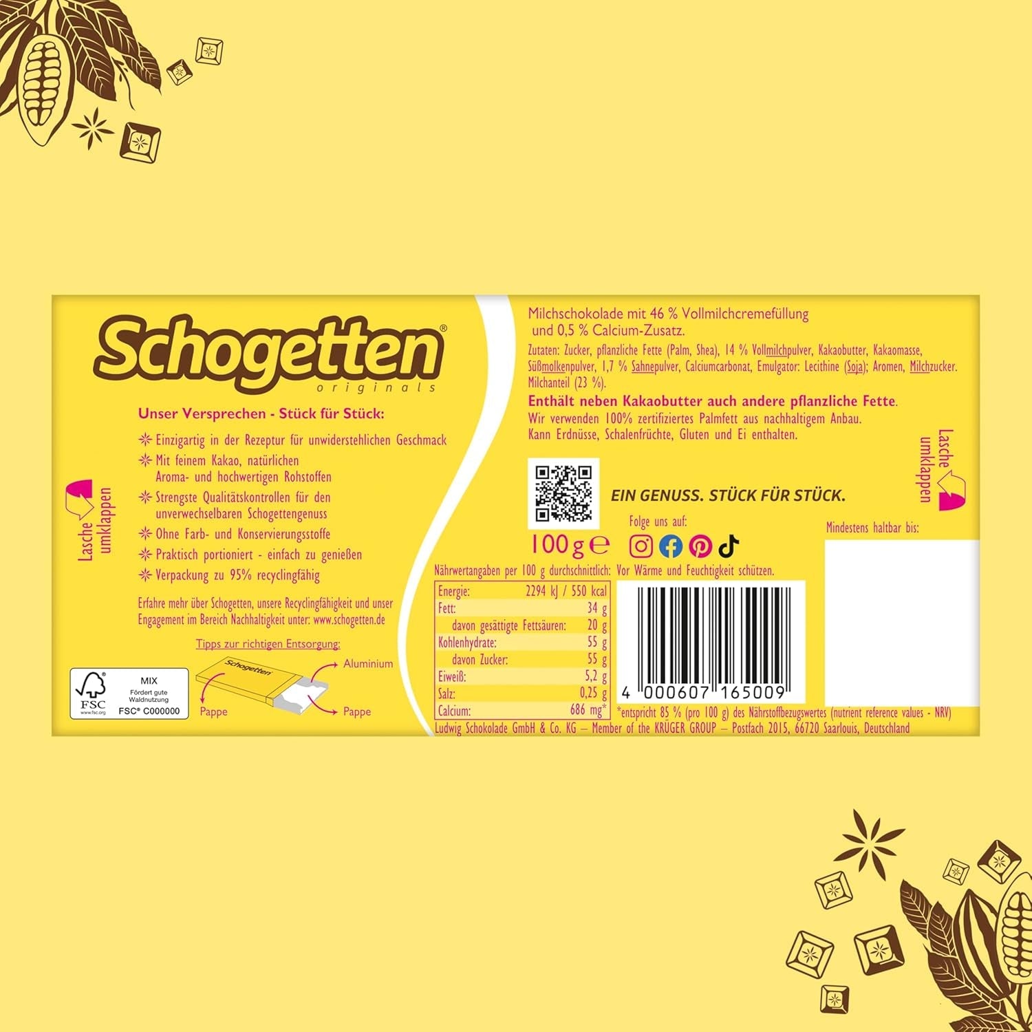 Schogetten til børn, chokoladebar 100g, mælkechokolade med cremet mælkefyld, praktisk portionsanrettet. En delikatesse. Stykke for stykke.