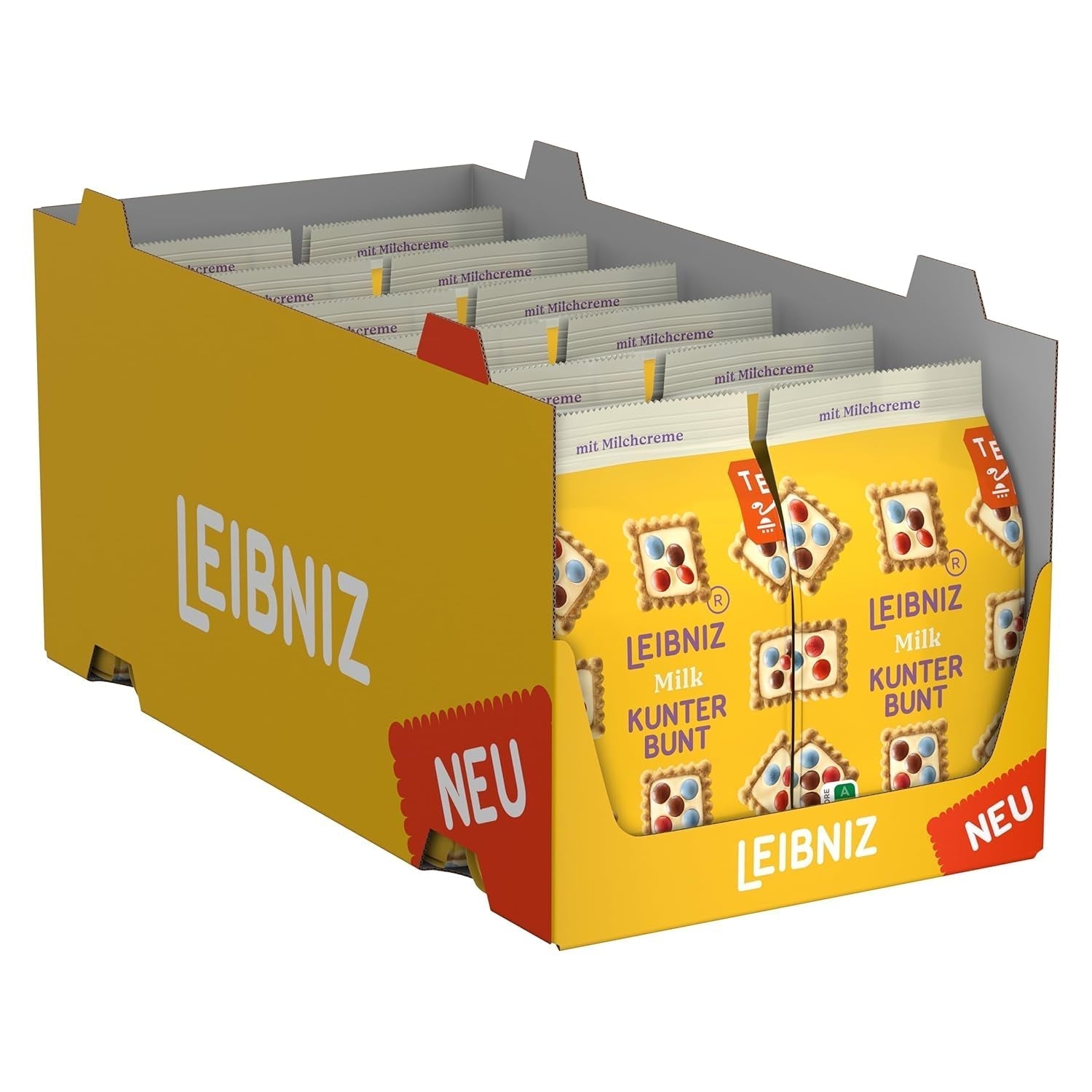LEIBNIZ Kunterbunt Mælk, pakke med 12, Crunchy kiks med mælkecreme og chokoladestykker (12 x 125 g)