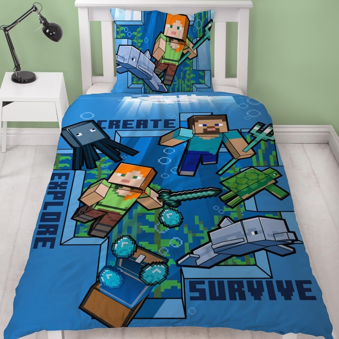 Minecraft Bettwäsche Kinderbettwäsche Jugendbettwäsche 135X200 · Unterwasserwelt · Wende Motiv · Kissenbezug 80X80 + Bettbezug 135X200 Cm · 100% Baumwolle · Deutsche Größe Naty Shop Standardtitel