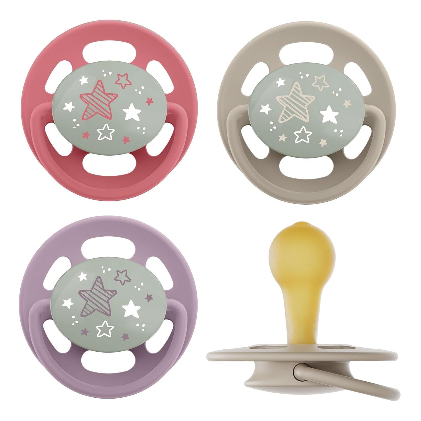nip - Cherry Green | 0-6 måneder | Pakke med 4 | Sut, velegnet til amning og tænder. Bæredygtig sut, lavet af naturlige råmaterialer, lysegrøn/brun