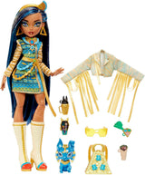 Monster High Cleo de Nile Puppe, Mummie Modepuppe, Königliches Outfit, Killerstiefel, Pyramidenrygsæk, Tilbehør, für Kinder ab 4 Jahren, HHK54
