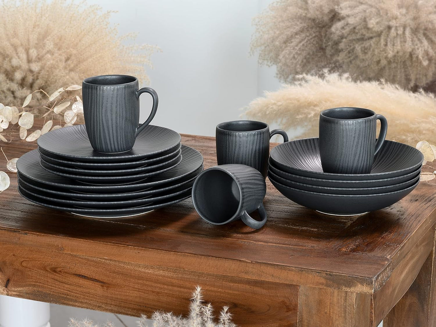 CreaTable, 20537, Vesuvio Black Series, 16 dele stel, porcelænskombinationsservice, tåler opvaskemaskine og mikroovn, fremstillet i Portugal