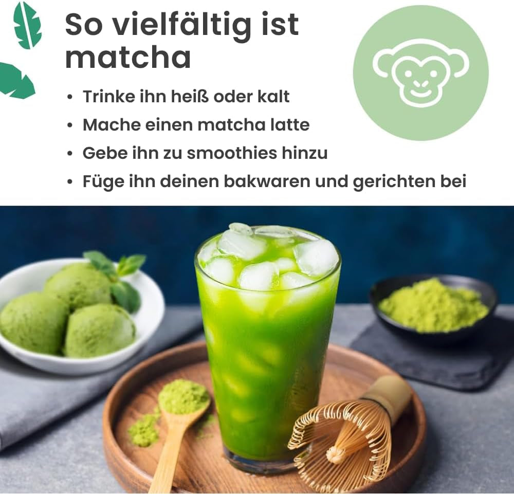 Purechimp Matcha-pulver af ceremoniel kvalitet 50 g. 100% ren skyggedyrket tepulver til lattes, infusioner og opskrifter. Genanvendelig krukke. Rig på antioxidanter.