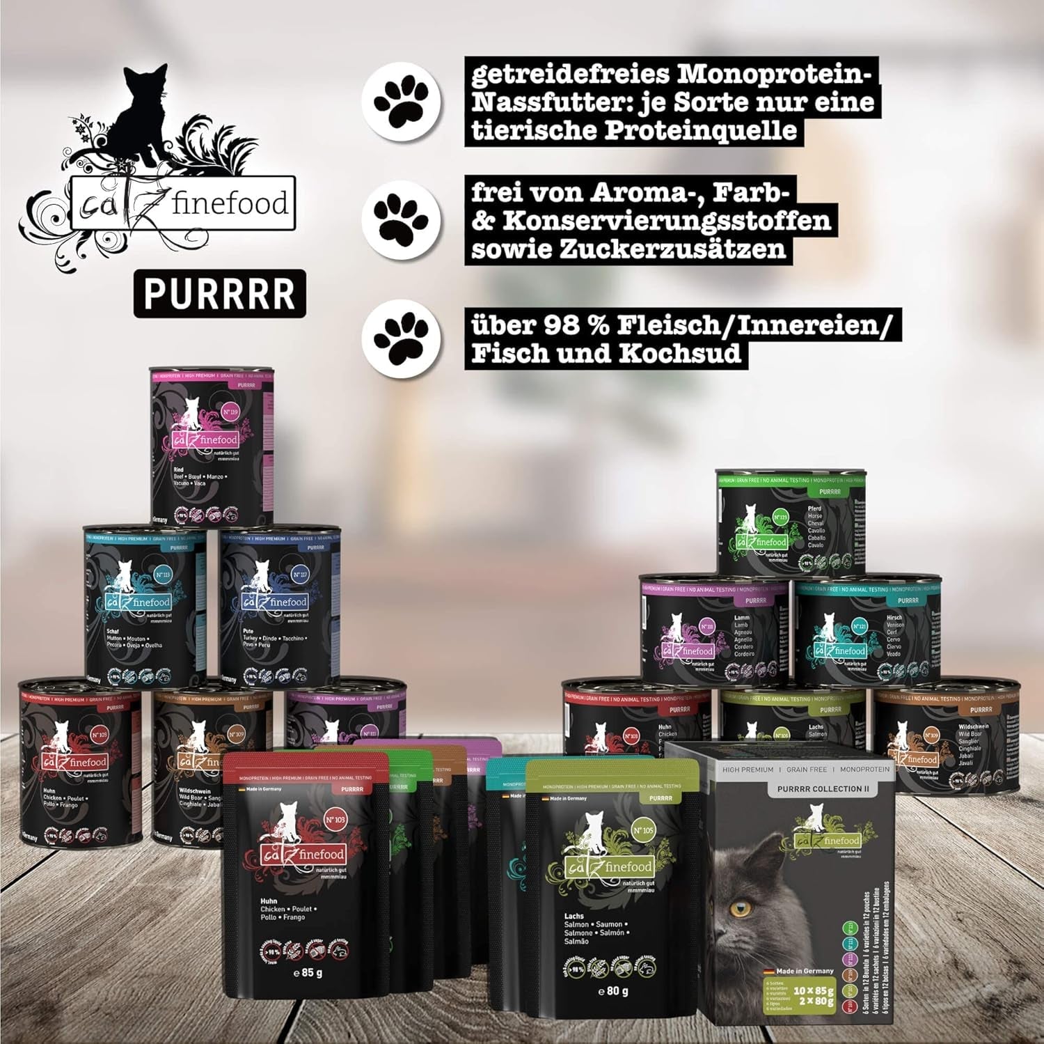 Våd kattefoder Catz Finefood Purrrr med monoprotein og laks nr. 105, til katte med følsom fordøjelse, 16 x 80 g