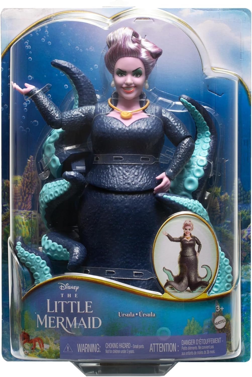 Mattel DISNEY Ariel Den Lille Havfrue - Ursula med tentakler, aftagelig halskæde og lavendelbolle for endeløs stylingsjov, velegnet til børn fra 3 år og opefter, HLX12