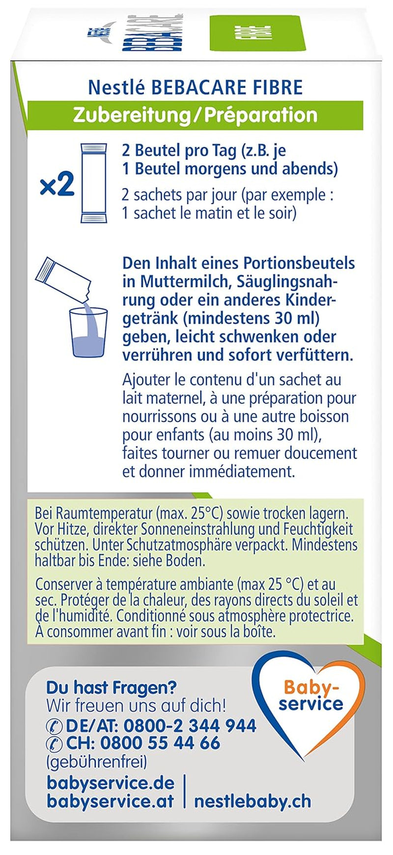 BEBACARE FIBER glutenfri kosttilskud til skånsom fordøjelse, kosttilskud til babyer fra fødslen og små børn, 1x (20 x 2,2g)