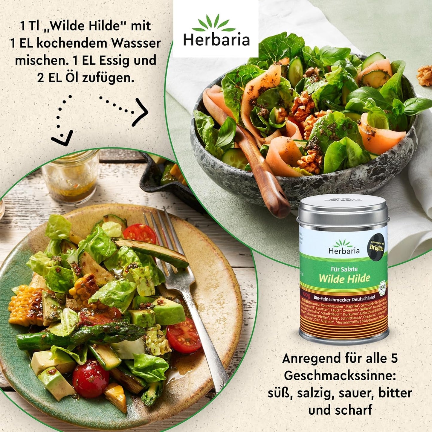 Herbaria Wilde Hilde bio 100g M-Dose-fertige Bio-Gewürzmischung - Saladgewürz für ausgefeilte Salade - mit erlesenen Ingrediens - i nachhaltiger Aromaschutz-Dose