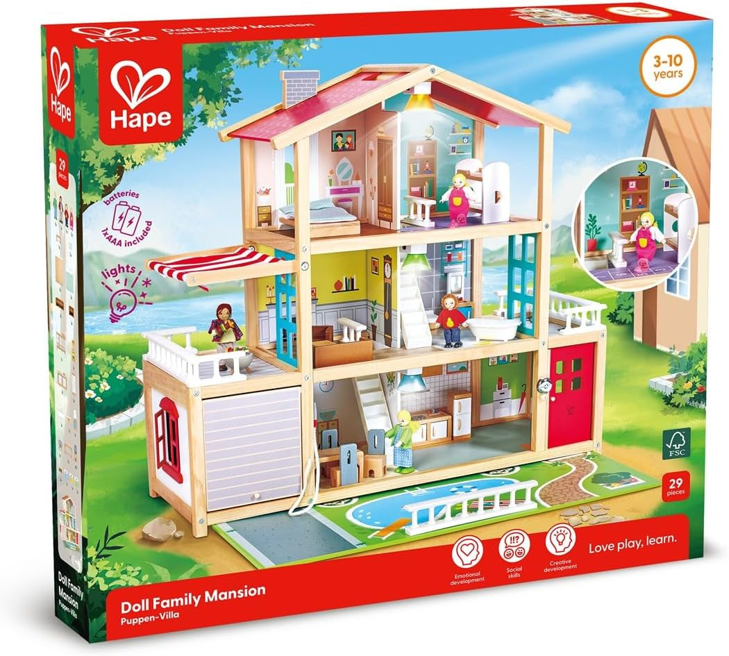 Hape Dukkevilla 10-værelses trædukkehus Kreativt rollespil inklusive møbler og tilbehør Pædagogisk legetøj for 3 år og opefter