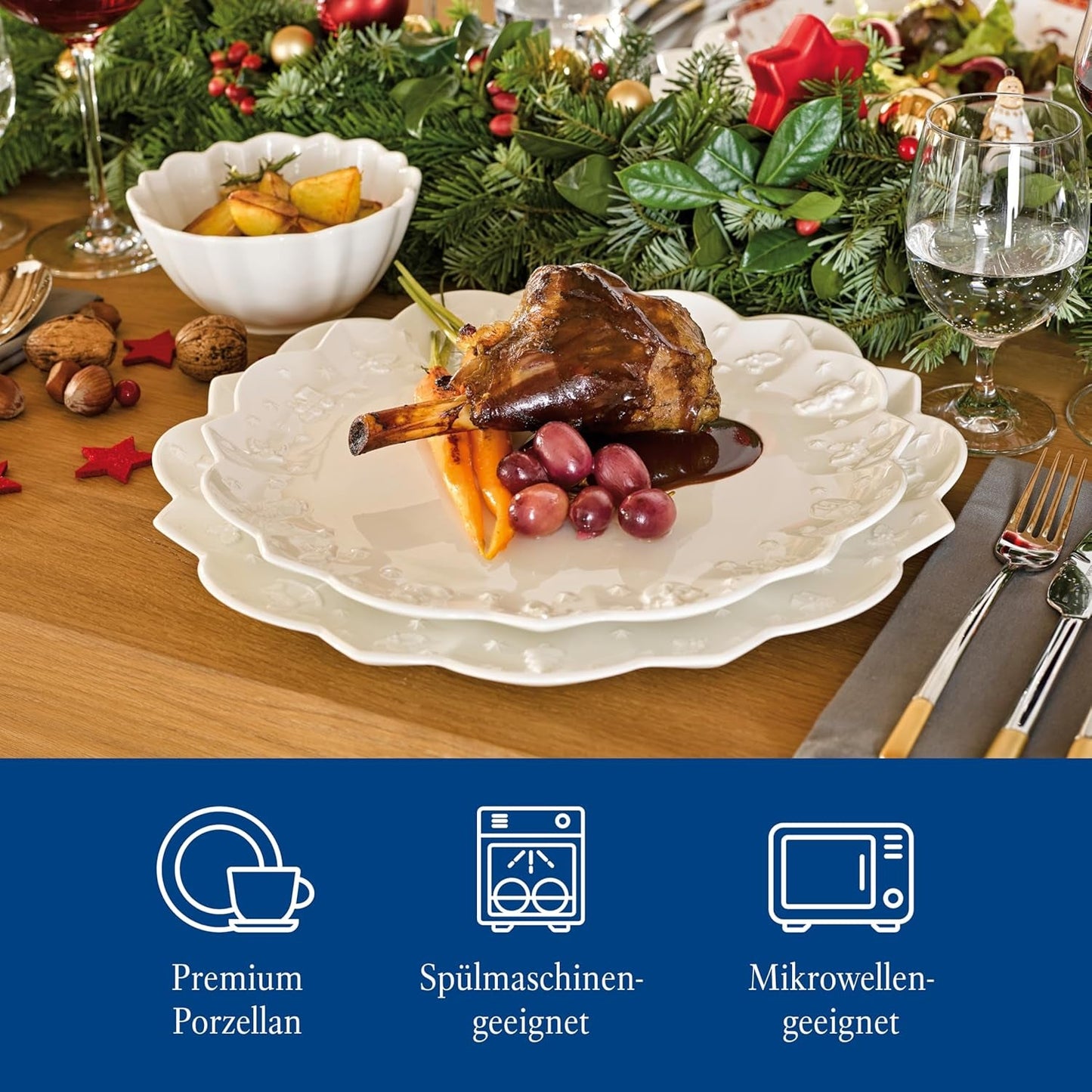 Villeroy & Boch Toy's Delight Royal Classic 12-delt porcelænssæt, Tåler opvaskemaskine og mikroovn, hvid, tallerkener, 4-personers porcelænssæt, julestel, legetøj, premium porcelæn