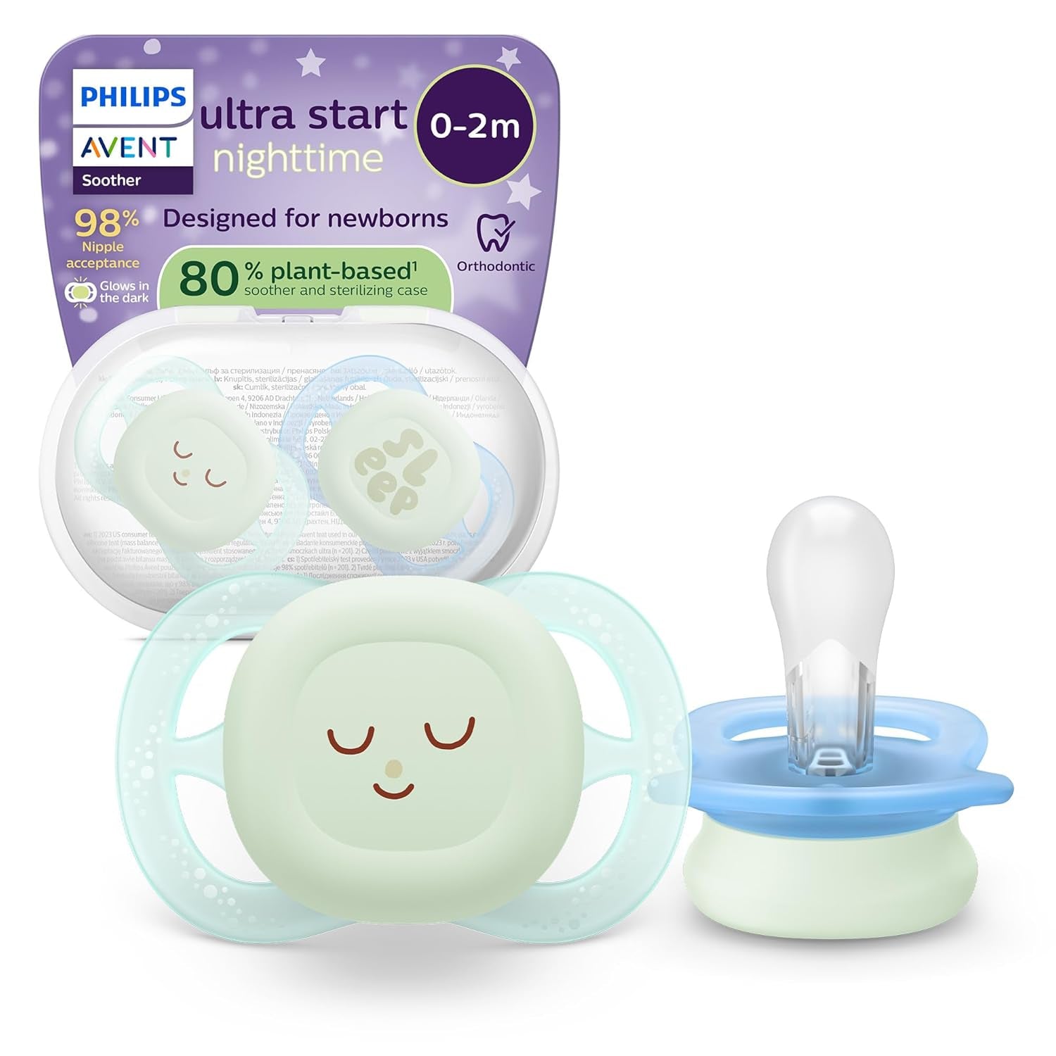 Philips AVENT Ultra Start natsut, ortodontisk sut til nyfødte, Glow in the Dark, BPA-fri, med steriliseringsbeholder, Twin Pack, Moon, Star, SCF075/07