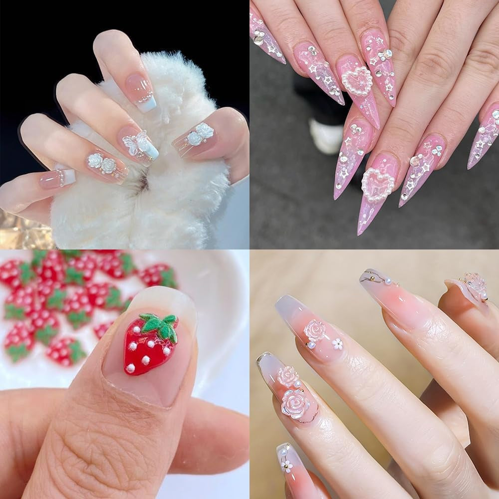 100 stk 3D Nail Charms Rosa Rot Kirsche Erdbeere Blume Nagel Charms Kamelie Rose Schmetterling Nail Art Charms Flatback Herz Schleife Charms Nägel Tilbehør Mond Stern Nagelschmuck Nageldesign Anhænger