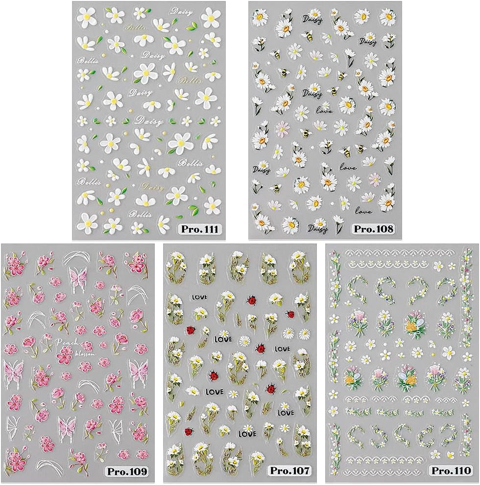 5 stk Geprägte Gänseblümchen Nagelsticker Selbstklebend Blumen Nagelaufkleber Gänseblümchen Schmetterling Nagel Sticker Nageldesign Aufkleber Nägel Zubehör Blume Nail Sticker Flower Nail Art Stickers