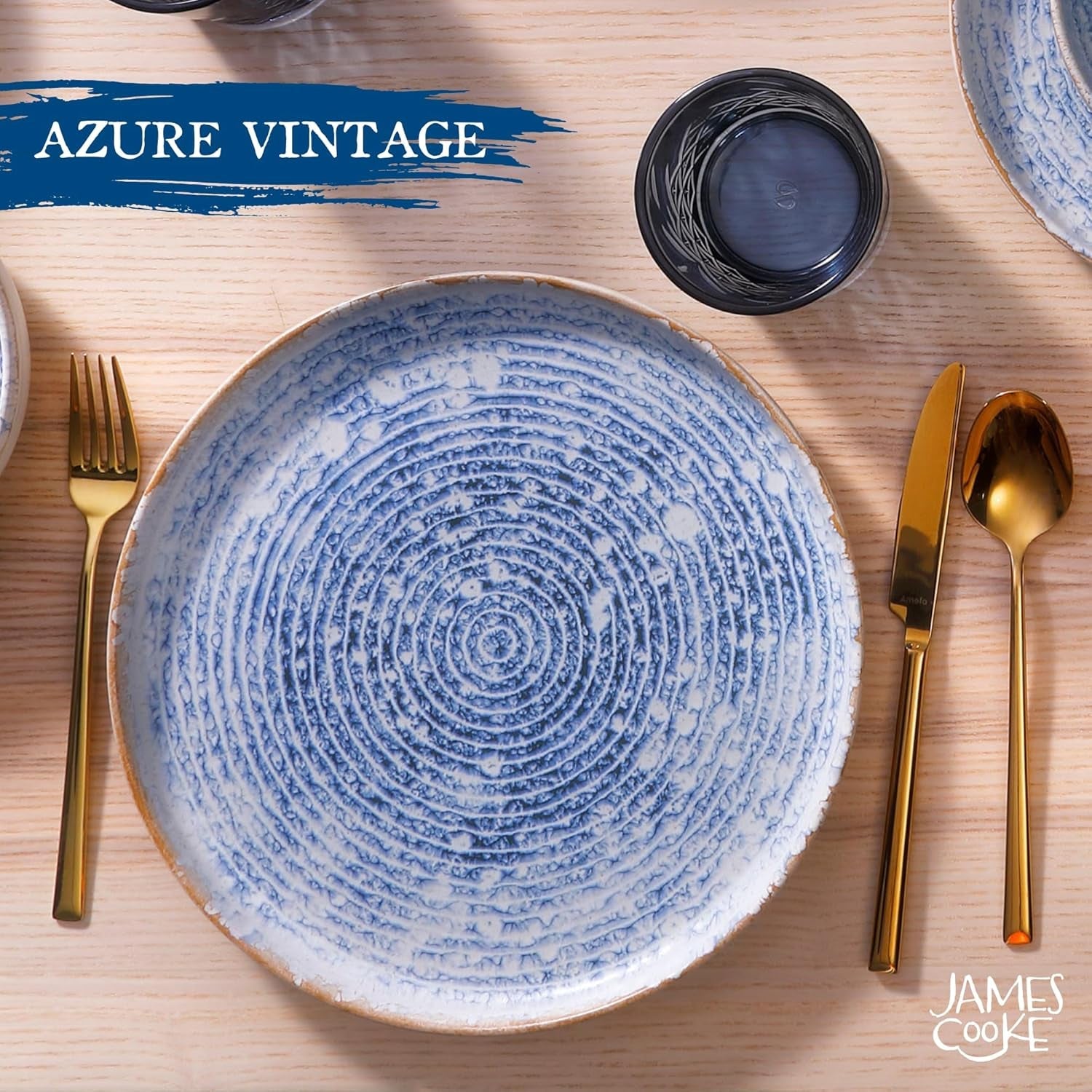 Azure Vintage stentøjsstel til 6 - 24 stykker - hvide og blå striber, præget overflade - Tåler opvaskemaskine, ovn og mikroovn