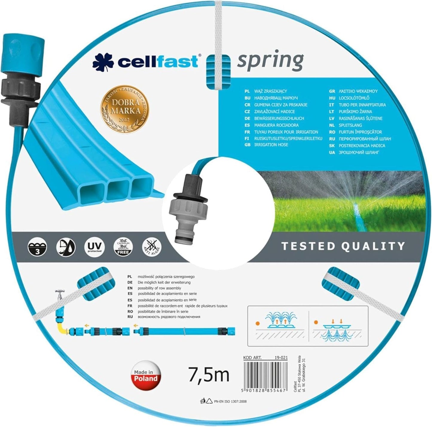 Cellfast SPRING kunstvandingsslange, trekanals kunstvandingsslange med fulde konnektorer, lavet af højkvalitetstråd, UV-bestandig, 15m, 1/2 tomme, 19-022, flerfarvet, 38x38x8cm