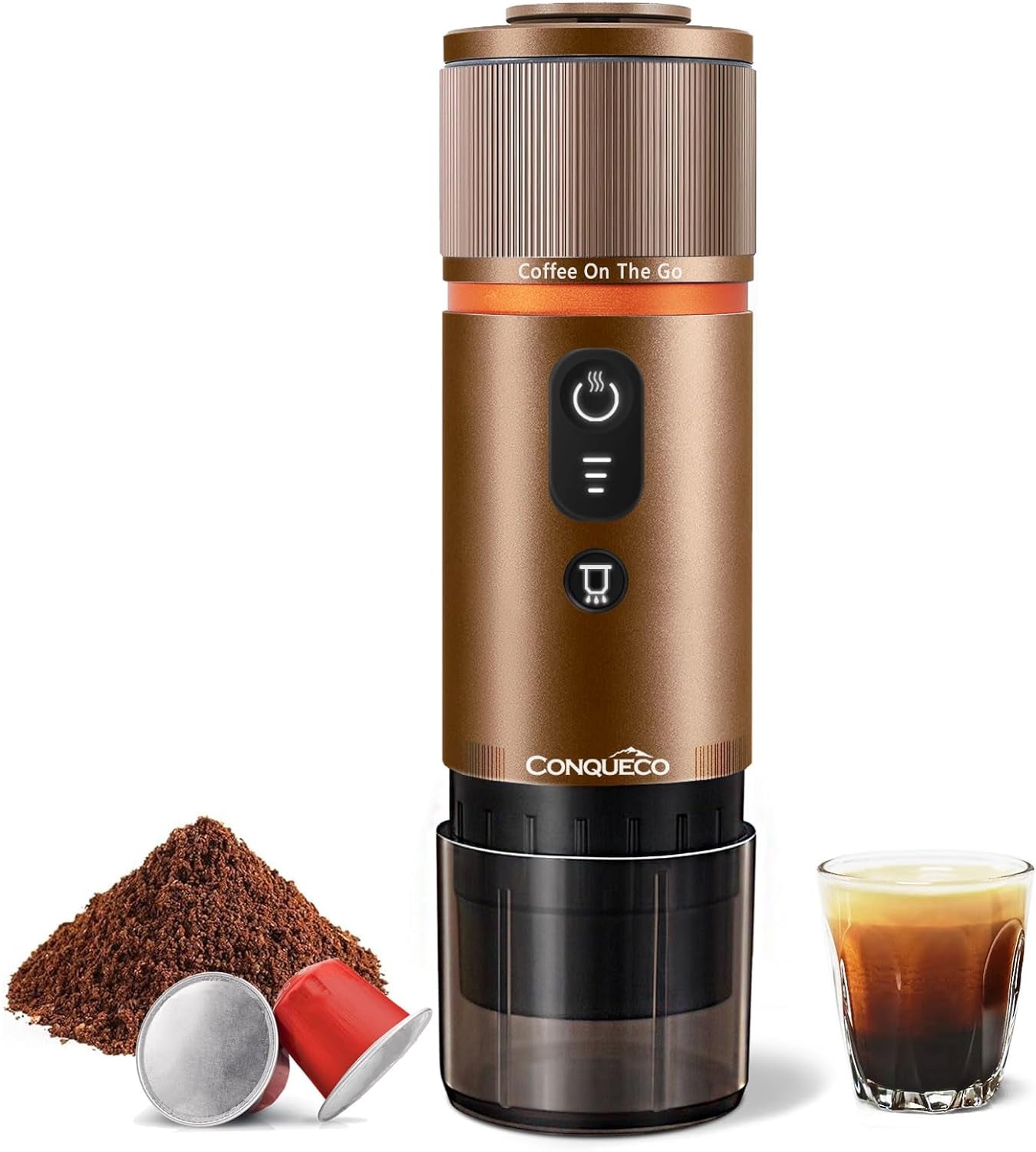 CONQUECO 12V bilespressomaskine: Bærbar espressomaskine med batteri til camping og rejse - Hurtig opvarmning på 2,5 minutter - 8 espressokopper på én opladning