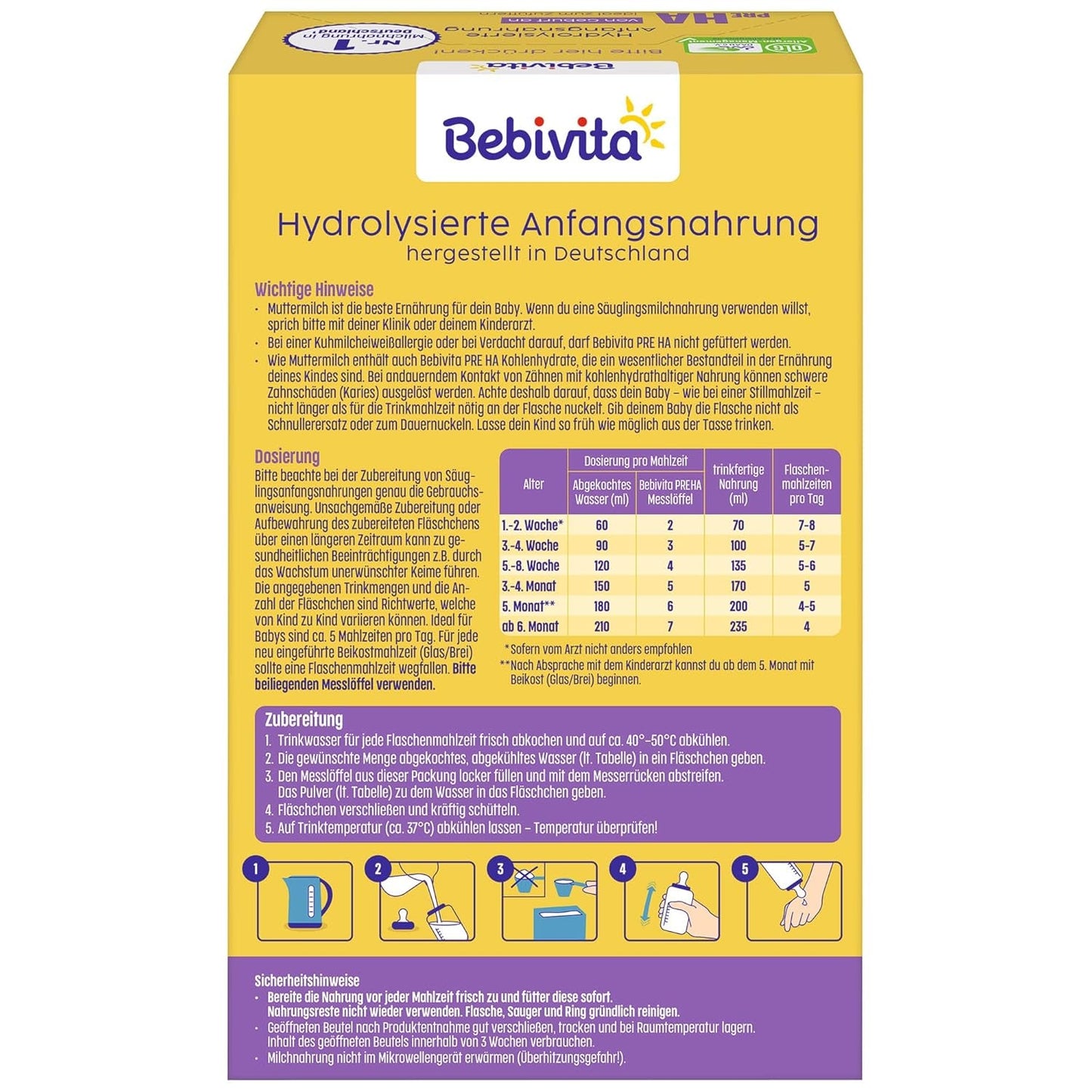 PRE HA (5 x 500g), hydrolyseret mælkepulverformel fra fødslen, indeholder kun laktose som kulhydrat, velegnet til tilskudsfodring