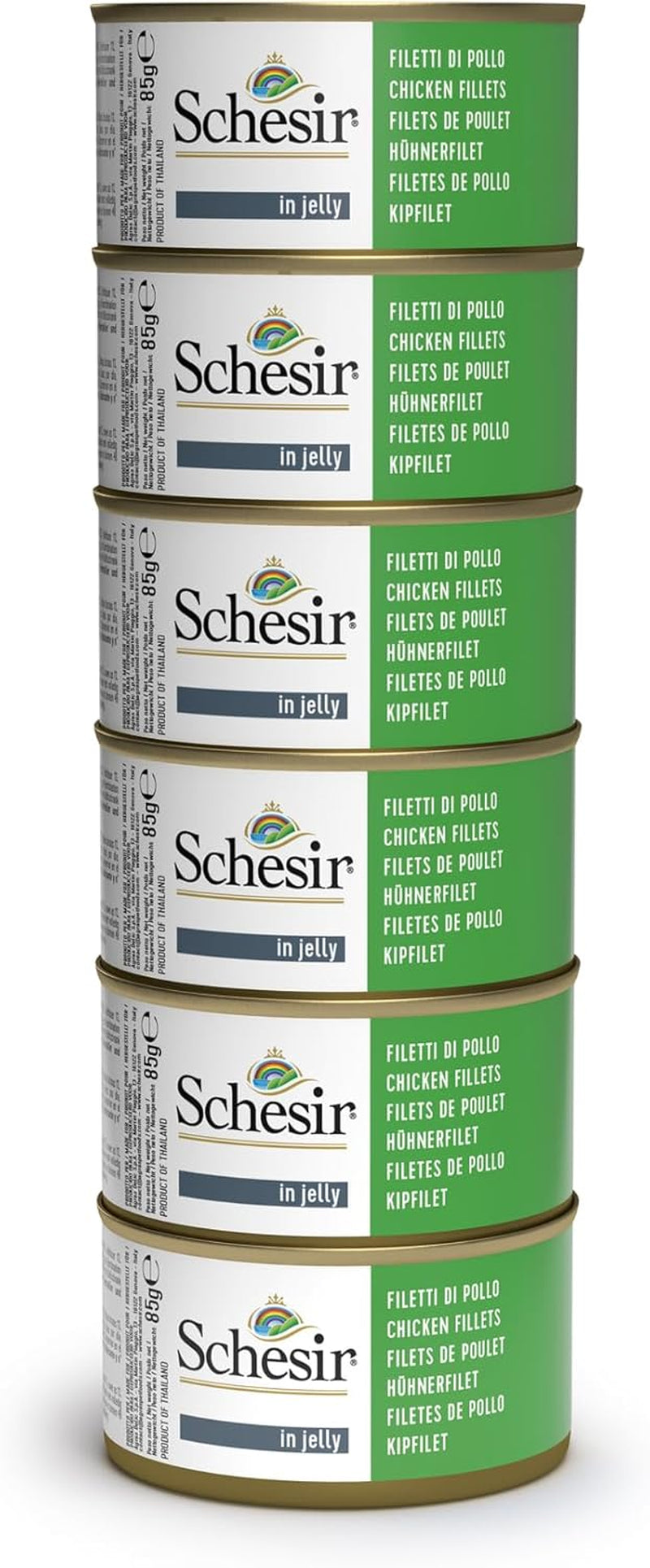 Vådfoder til voksne katte, kyllingefileter i fileter og 100% naturlig gelé, pakke med 6 æsker x 85g