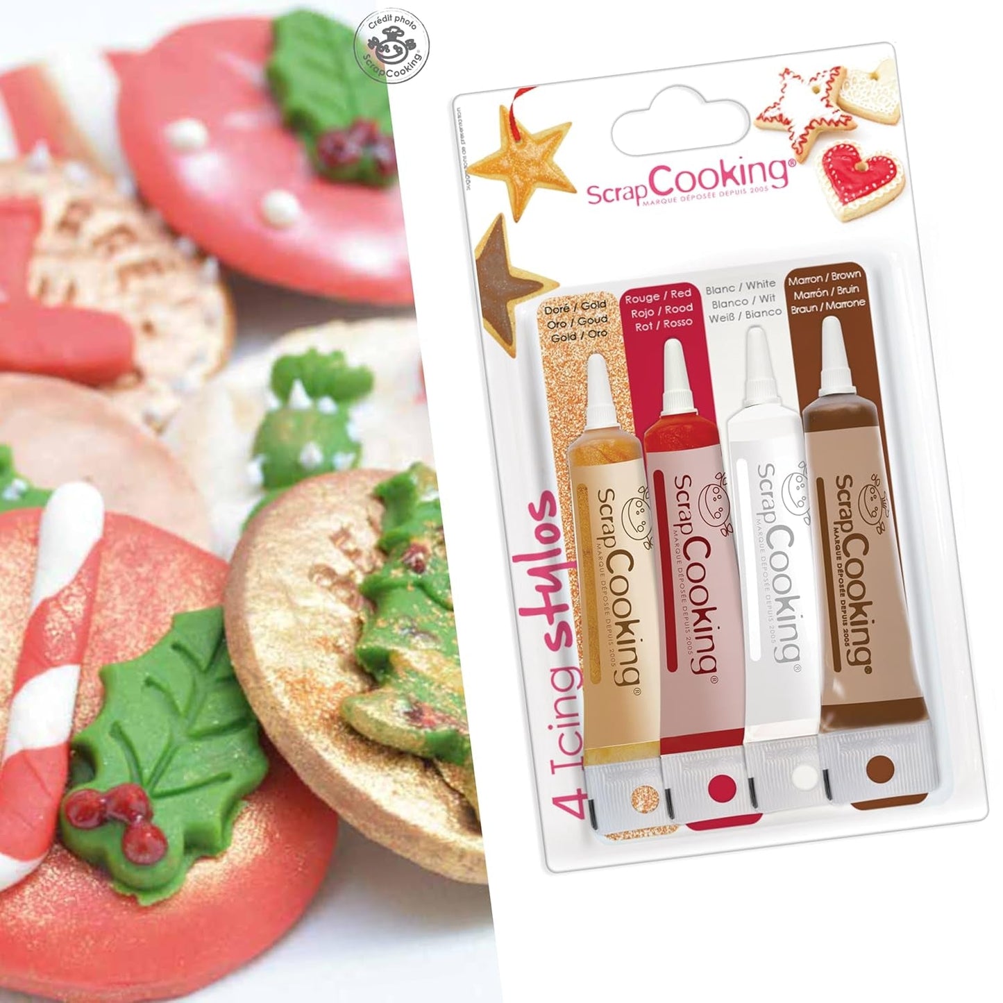 Scrapcooking - 4 stykke tuscher: guld, chokolade, hvid og rød - dekorative spiselige kuglepenne til skrivning og tegning på desserter, kager og kiks