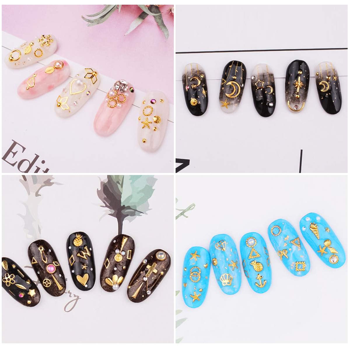 4 æsker Nagel Art Strass, 3D Nagel Art Decorations, Mix Größe Nagel Perlen Glitter Strass Guld Metall Hohlniet Nagelkunst Stern Mond Sonne Nagel Zubehör Für DIY Nageldesign