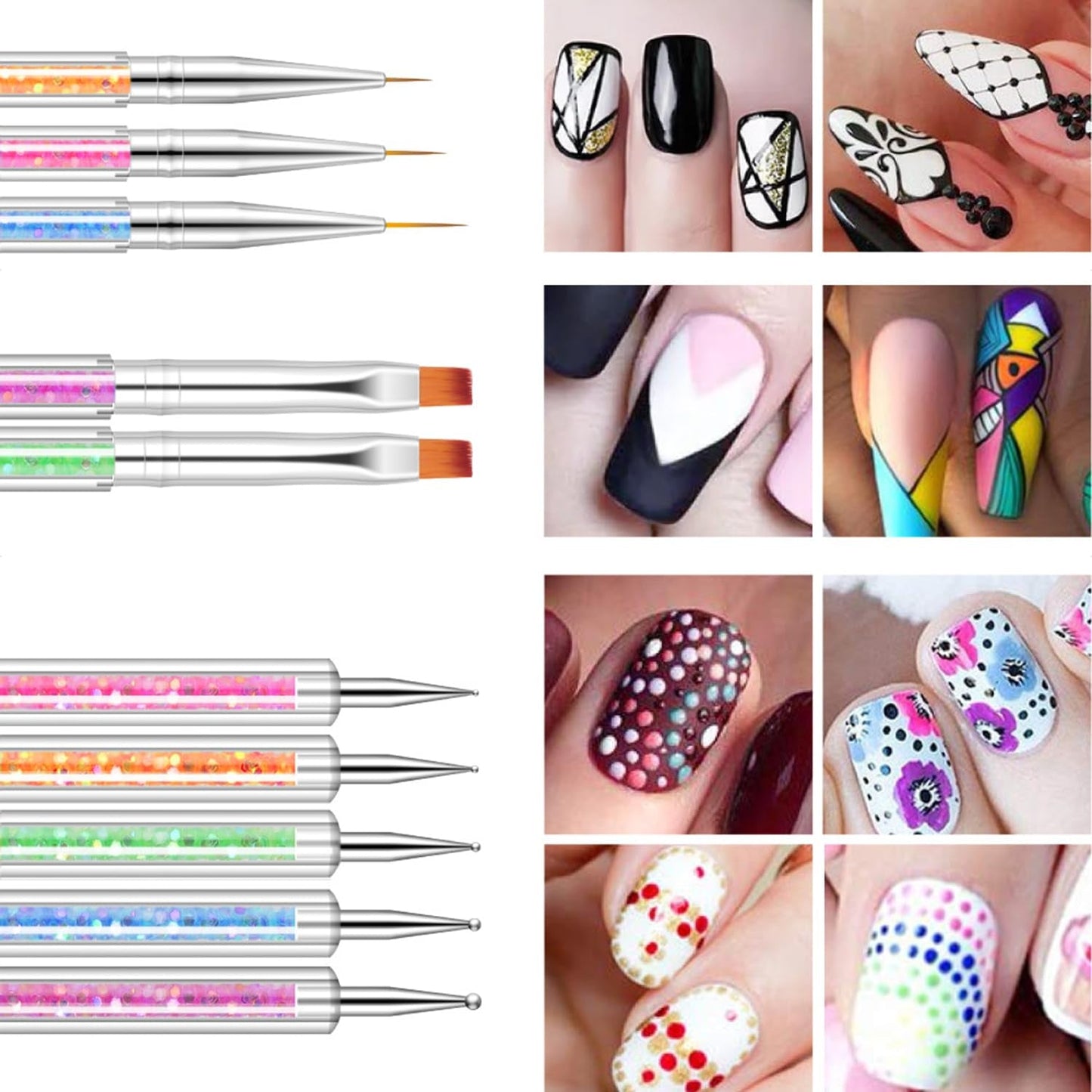 6 Stück Nagel Pinsel Set, Doppel-Ende Nageldesign Pinsel, Acryl Nail Art Pinsel Sæt Nail Art Liner Pinsel Dotting Tool Für DIY Nail Art Design (Mit 1 Schwammbürste)