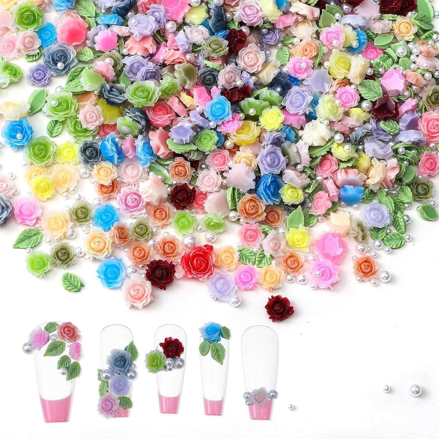 300 Stück Niedlich Blume Nail Charms, 3D Resin Blomster Camelie Rose Nägel Charms Mit Perle, Gemischt Größe Bunte Flower Nägel Deko Für Frauen Nail Art Zubehör