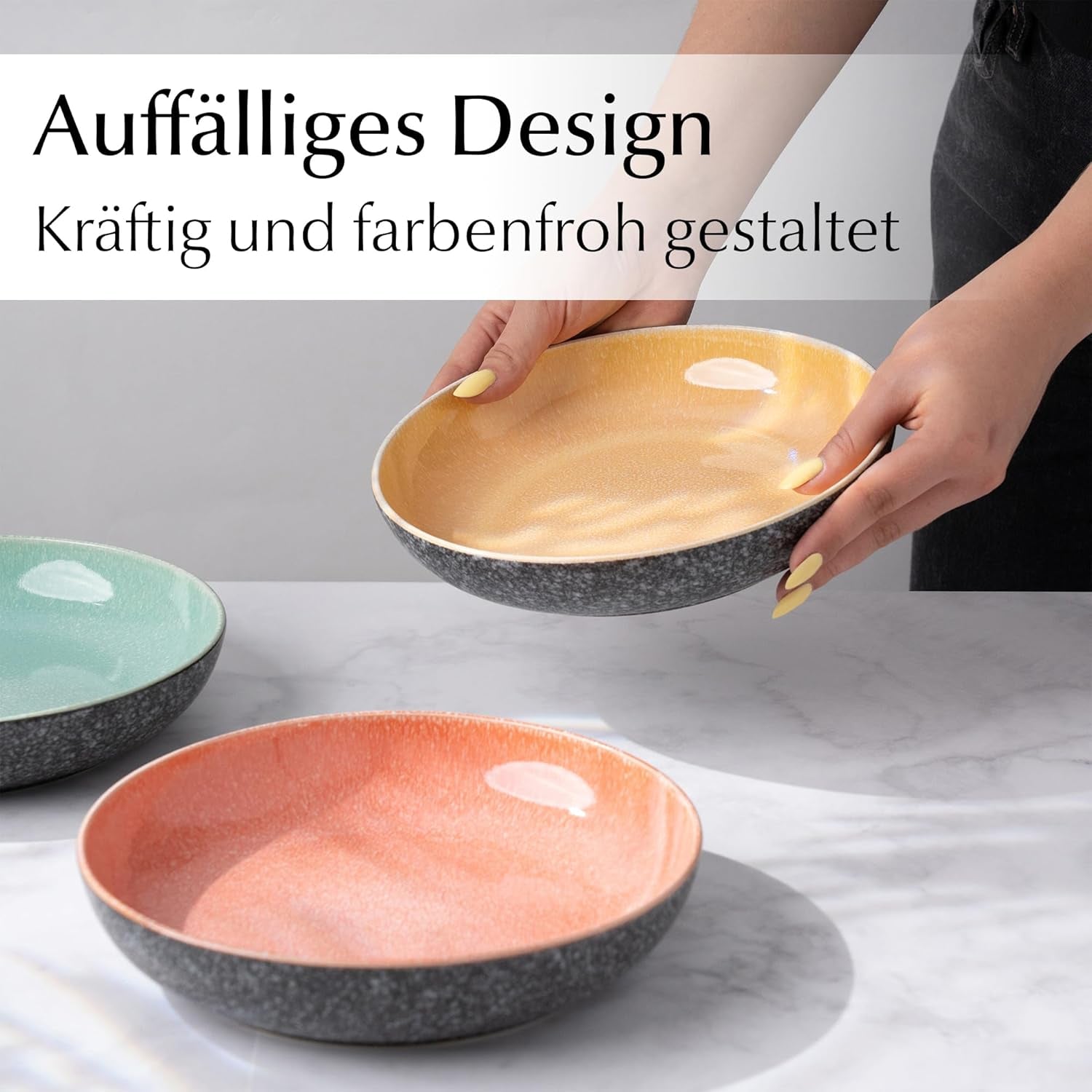 MIAMIO - Middagstallerkener, sæt med 6 (850 ml) / store og dybe pastatallerkener, tallerkensæt til 6, keramisk salatskål / Tåler opvaskemaskine og mikroovn - Las Palmitas Collection