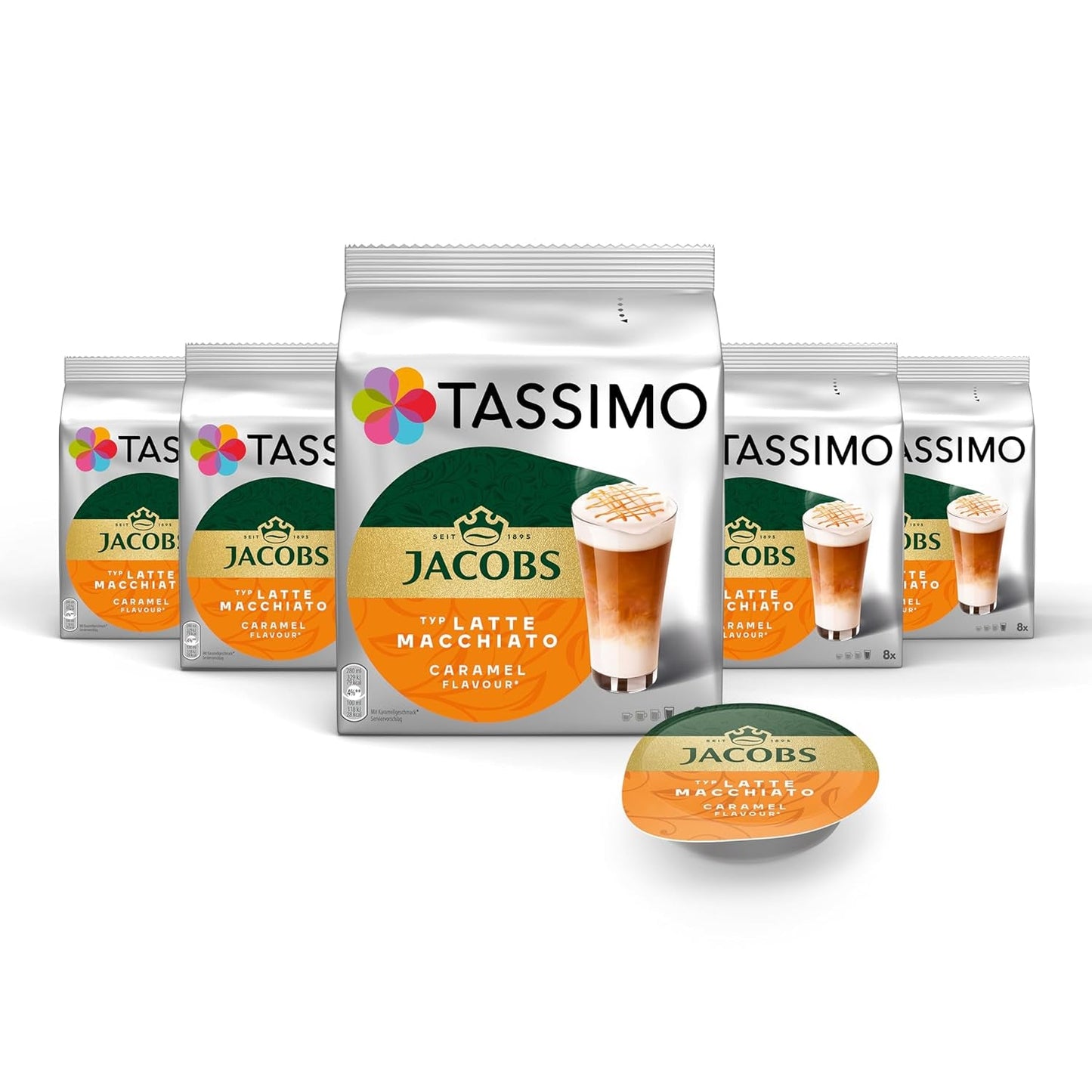 Tassimo Kapseln Jacobs Typ Latte Macchiato Caramel, 5 x 8 puder, 40 Kaffeekapseln