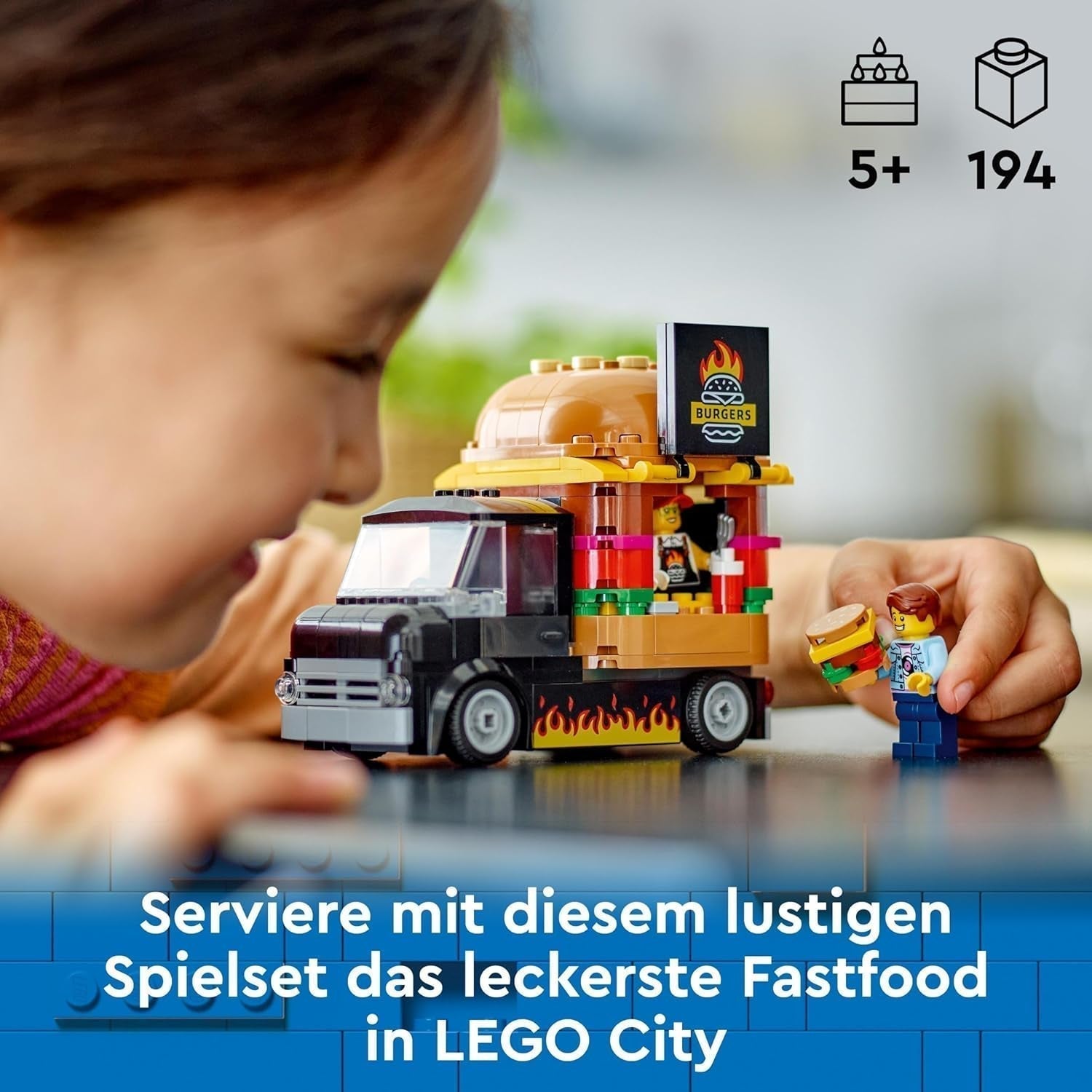 LEGO City Burger Truck Byggesæt med Legetøjsbil til 5-årige, Food Truck Minifigur og tilbehør, Sjov gave til drenge og piger 60404 Byggesæt Besuche den LEGO-Store