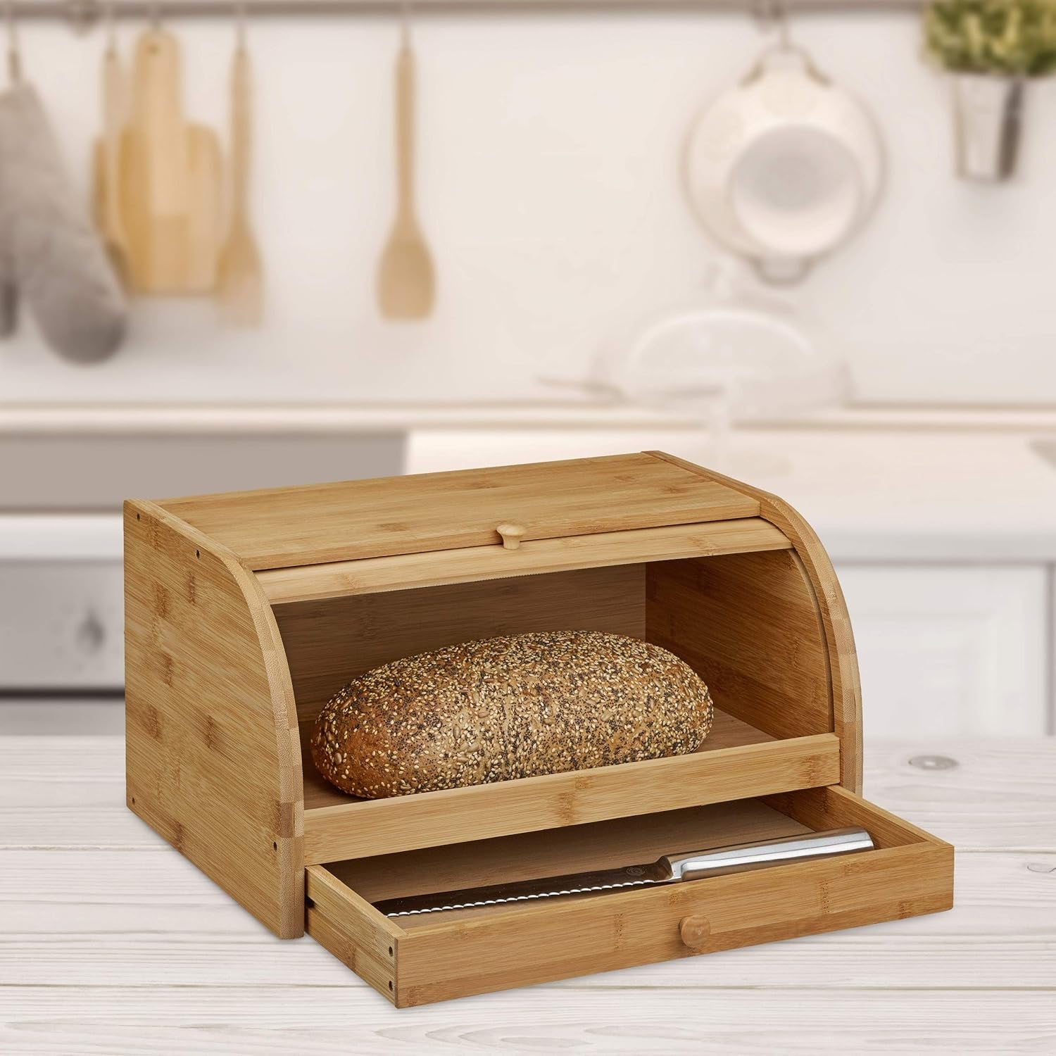 Relaxdays Rullebrødskurv med skuffe, bambus, HxBxD: 21 x 40,5 x 28 cm, træ, natur & bambus skærebræt ca. 3 x 37 x 21,5 cm Skærebræt med krummebakke til nem rengøring naturlige madkasser Naty Shop