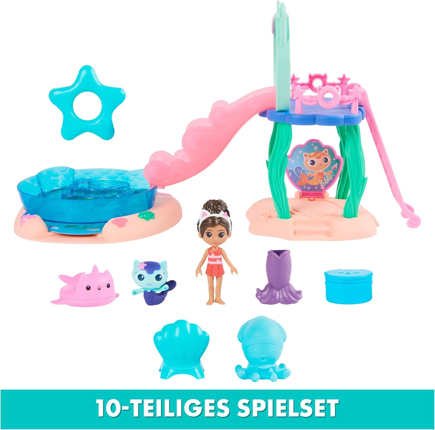 Gabby's Dollhouse, Purific Pool Party Legesæt med Gabby og Meerkat figurer og Deluxe Room, Cakey Baging, Cakey Kitchen