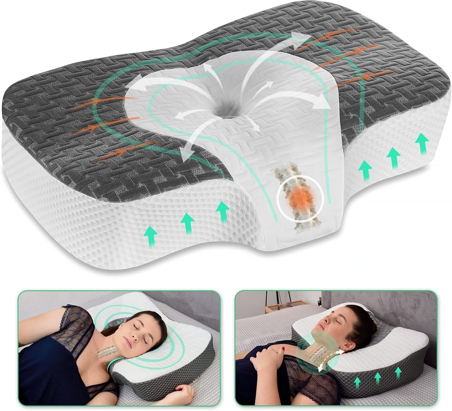Elviros Memory Foam Ortopædisk Pude, Nakkesmertepude, Sovepude, Ergonomisk Nakkepude, Nakkestøttepude, Antisnorkepude til sidesovere, Mavesovere, Hvide Naty Shop Cervikale ortopædiske puder Mørkegrå 60 X 38,6 X 9,9/13,5 Cm