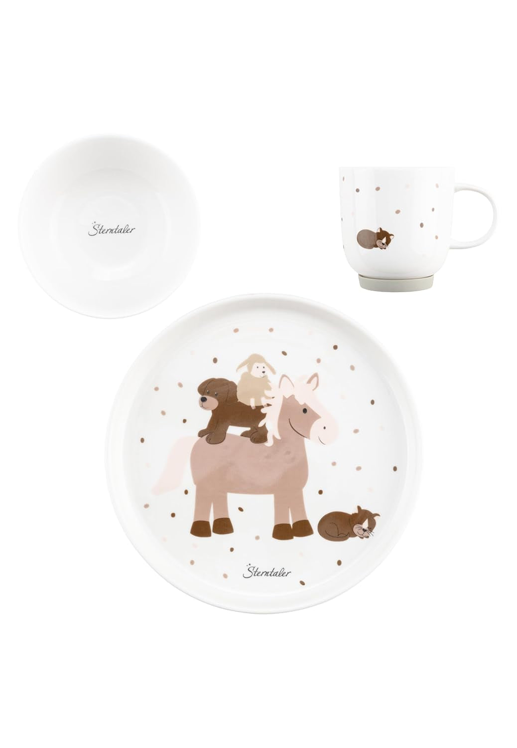 Sterntaler porcelænsstel rustikt design - skridsikker og aftagelig silikonebundt porcelænsstel - Baby & børnestel med tallerken, 400 ml skål og 200 ml krus, hvid