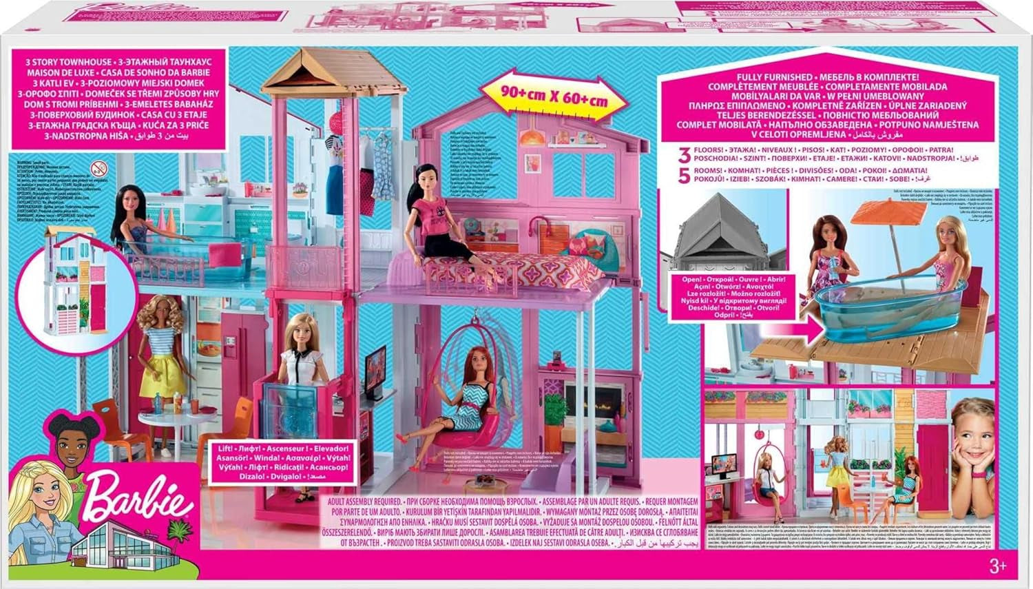 Barbie Dream House, 3-etagers 5-værelses rækkehus, inkluderer tilbehør som møbler, sammenfoldelig og opbevaring, legetøj for alderen 3 og opefter, DLY32
