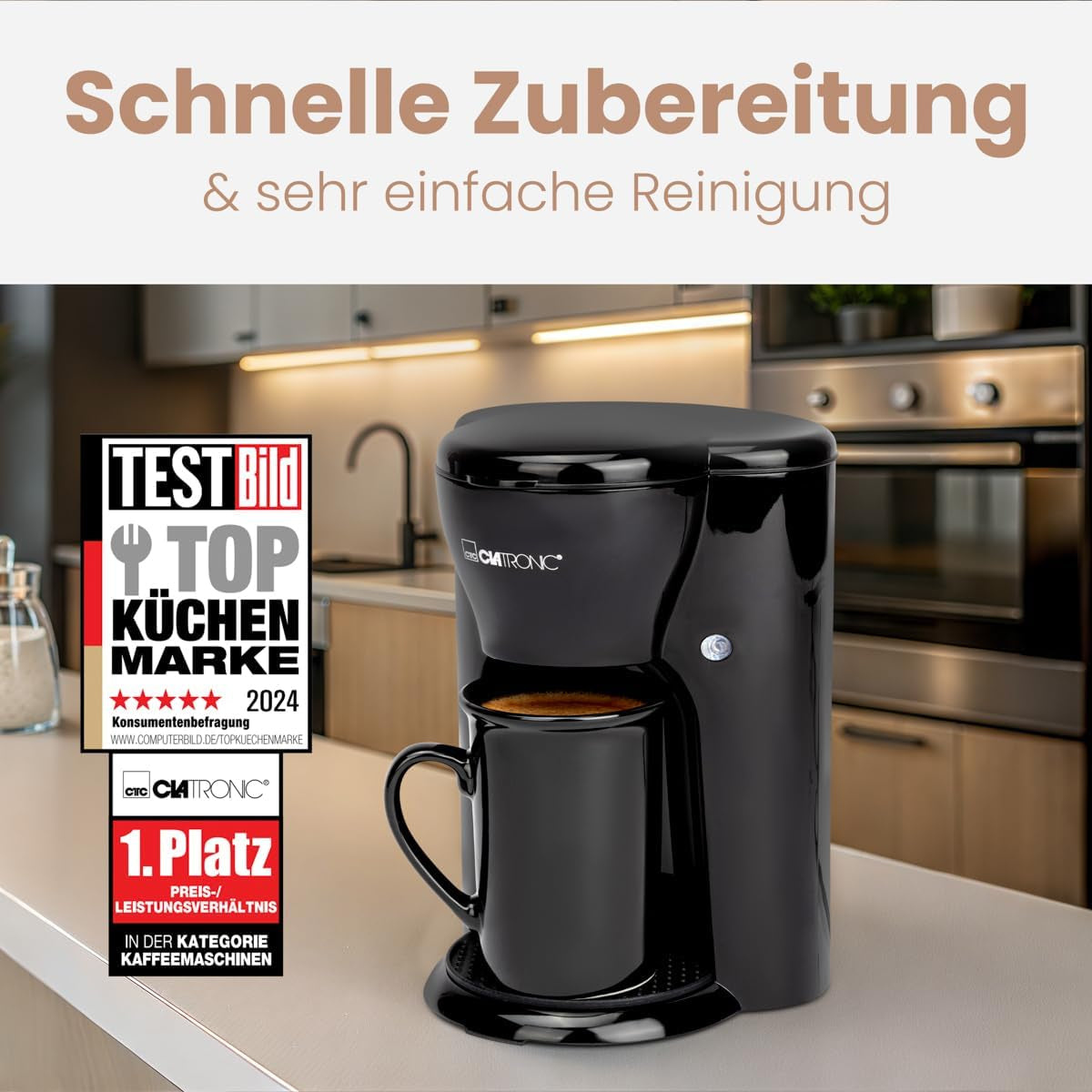 Clatronic® 1-kops kaffemaskine | Perfekt espressomaskine til enlige | Espressomaskine med filter, inklusive keramisk kop | Lille espressomaskine med filter, ideel til rejser | KA 3356