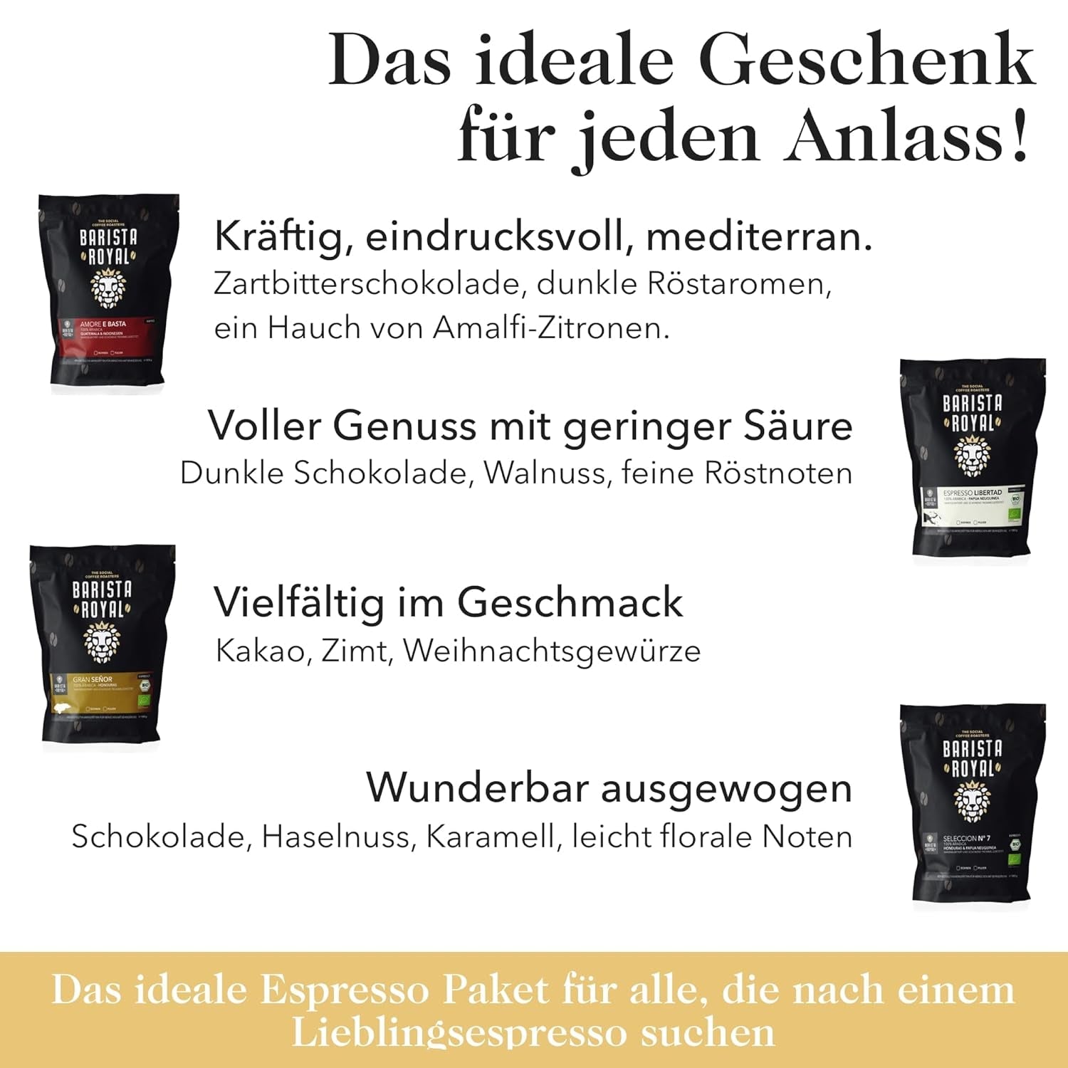 Prøvesæt espressobønner 4 x 350 g espressobønner | Discovery Pack/Sample Pack | Robusta og Arabica | Ideel til fuldautomatiske enheder og portafilter | KONGELIG BARISTA