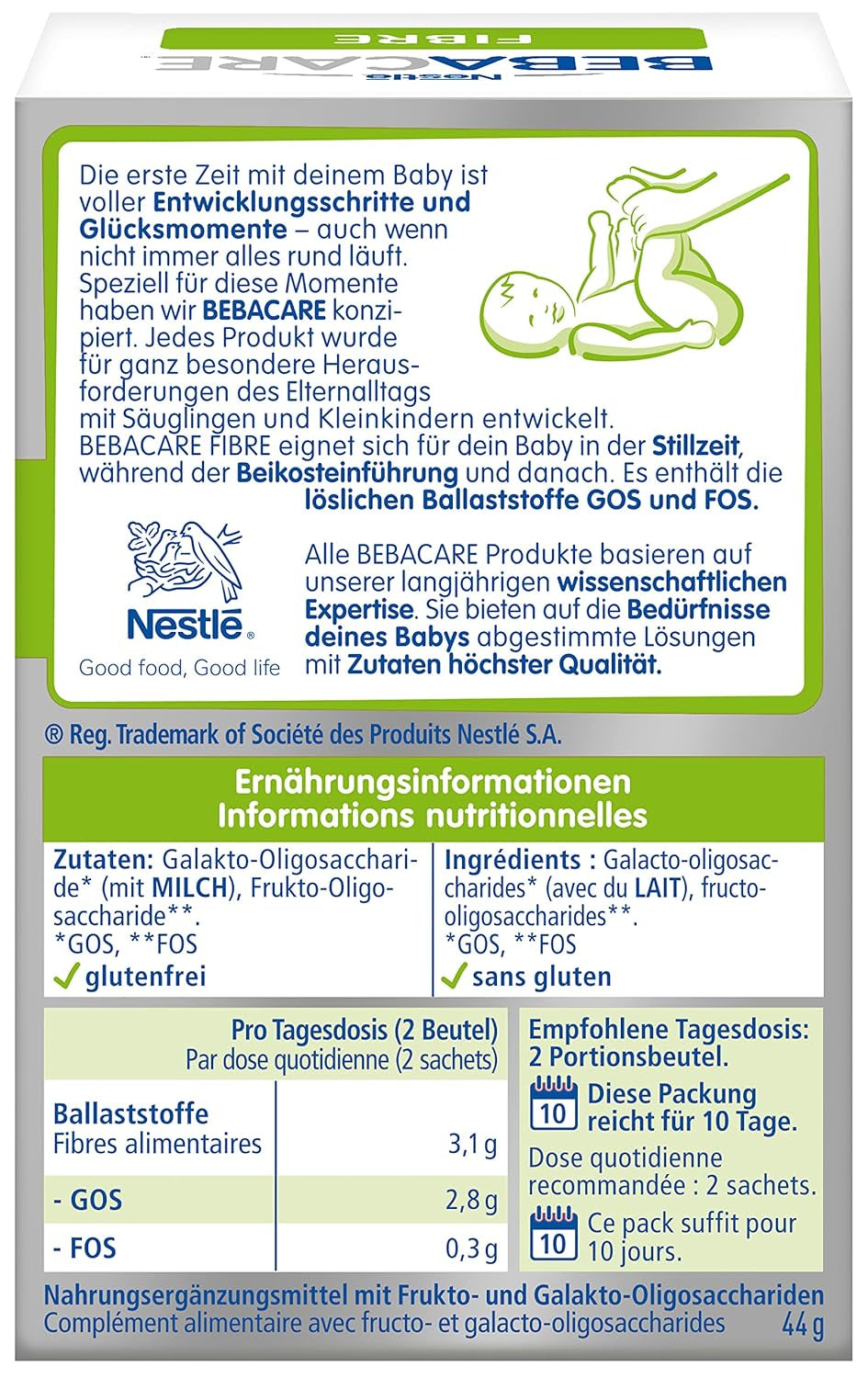 BEBACARE FIBER glutenfri kosttilskud til skånsom fordøjelse, kosttilskud til babyer fra fødslen og små børn, 1x (20 x 2,2g)