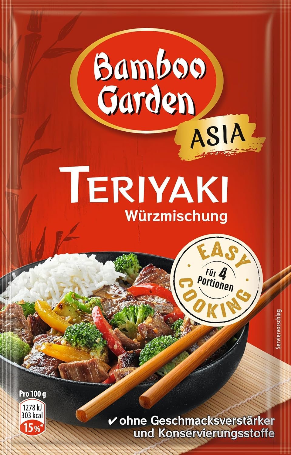 Bamboo Garden - Teriyaki krydderblanding , Gewürzmischung für Teriyaki , Für 4 Portionen , Ohne Geschmackverstärker og Konservierungsstoffe , 1 x 25 g (Verpackungsdesign kann abweichen)