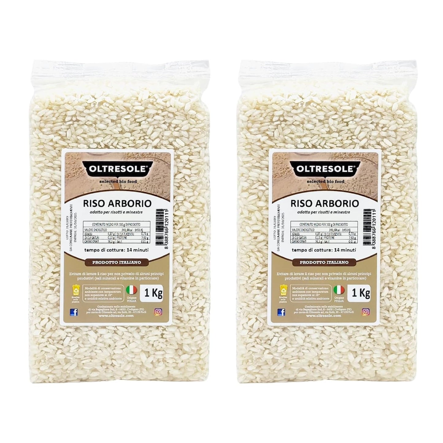 Artisanal italiensk Arborio-ris, storkornet og stivelsesholdige ris, ideel til supper, risottoer og rissalater, vakuumpakket i 2 1 kg poser