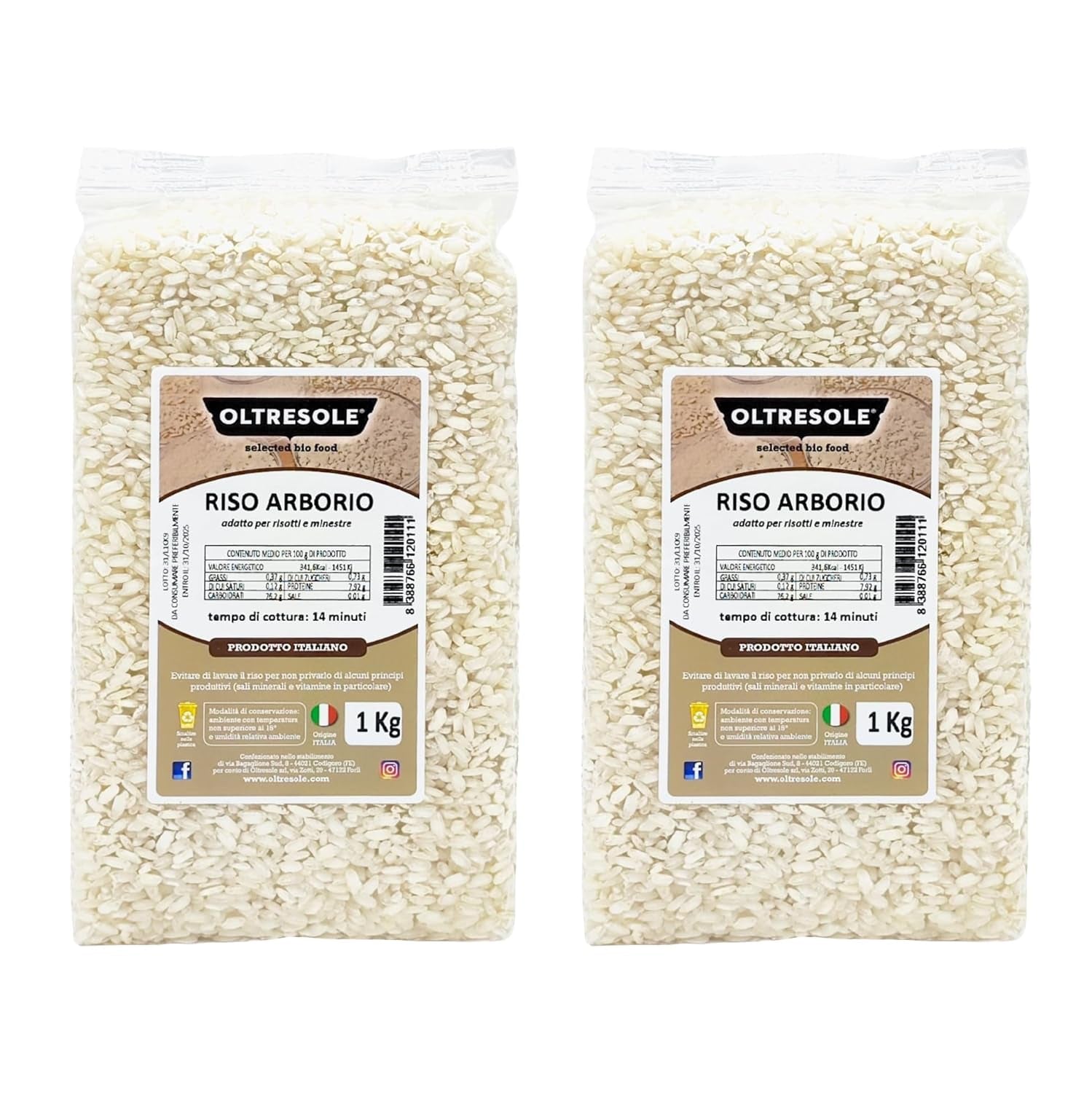 Artisanal italiensk Arborio-ris, storkornet og stivelsesholdige ris, ideel til supper, risottoer og rissalater, vakuumpakket i 2 1 kg poser