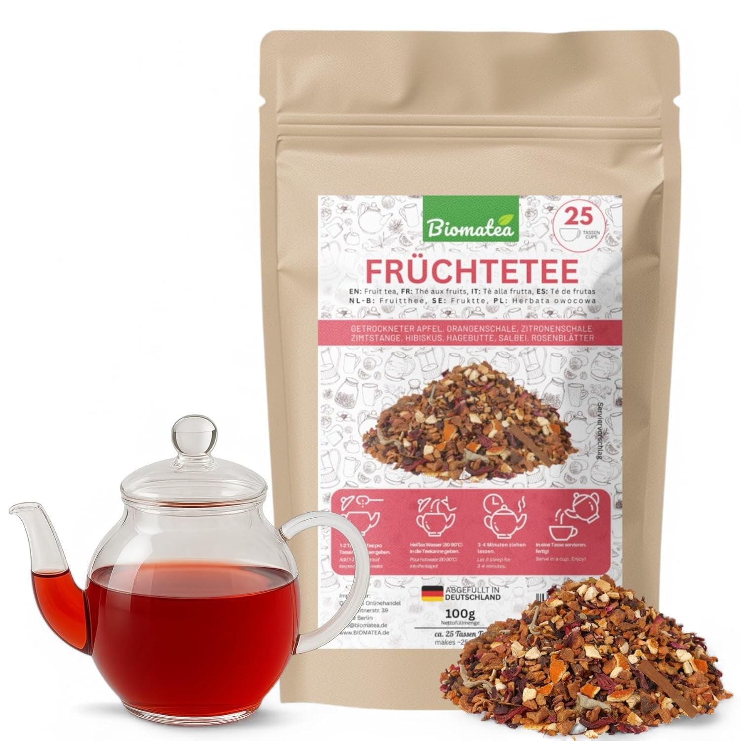 Frugtte – 100g Frugtblanding med smag med æble, hibiscus og kanel – Ziplock-pose, ca. 25 kopper – Ingen tilsætningsstoffer, pakket i Tyskland