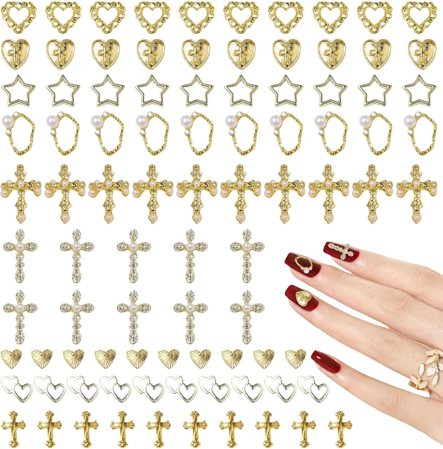 Guld Nail Charms 80 stk Cross Rose Heart Virgin Mary Nail Gems Metallegering Nail Accessories til Manicure Design Dekorationer DIY Crafts