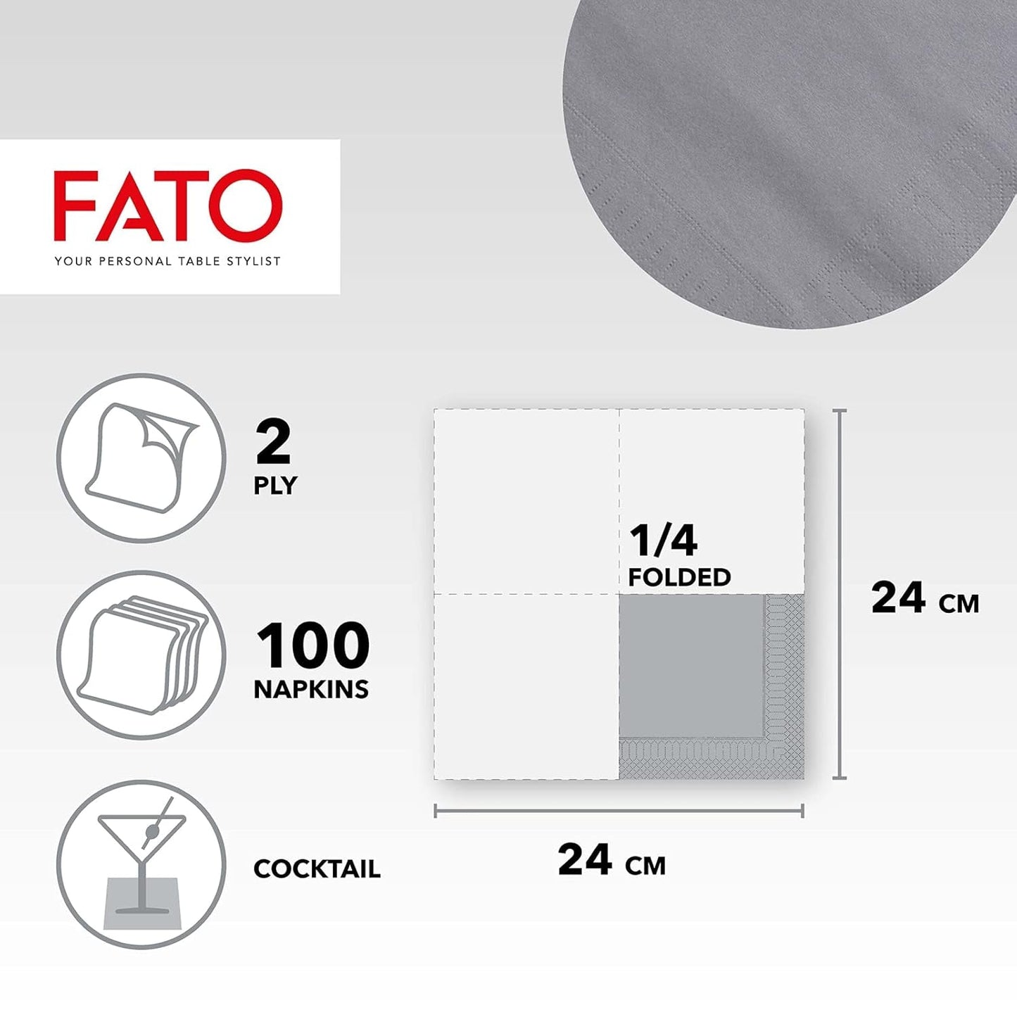 - Engangspapirsservietter, Ideel til forretter og cocktails, Pakke med 100 servietter, Størrelse 24X24, Foldet 4 gange, 2 lag, Grå farve, 100 % rent cellulosepapir, Fsc-certifikat