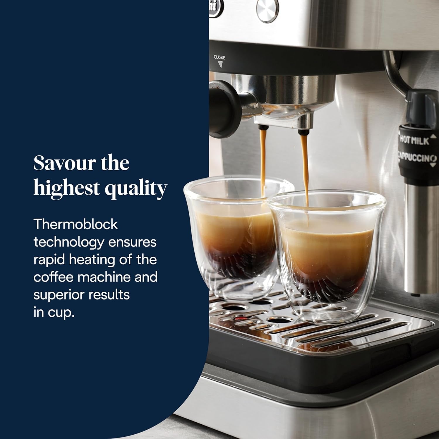 De'Longhi Classic EM450.M portafilter espressomaskine med professionel mælkeskummer, fuld metalhus, 15 bar, 1,7 l vandtank, rustfrit stål/metal