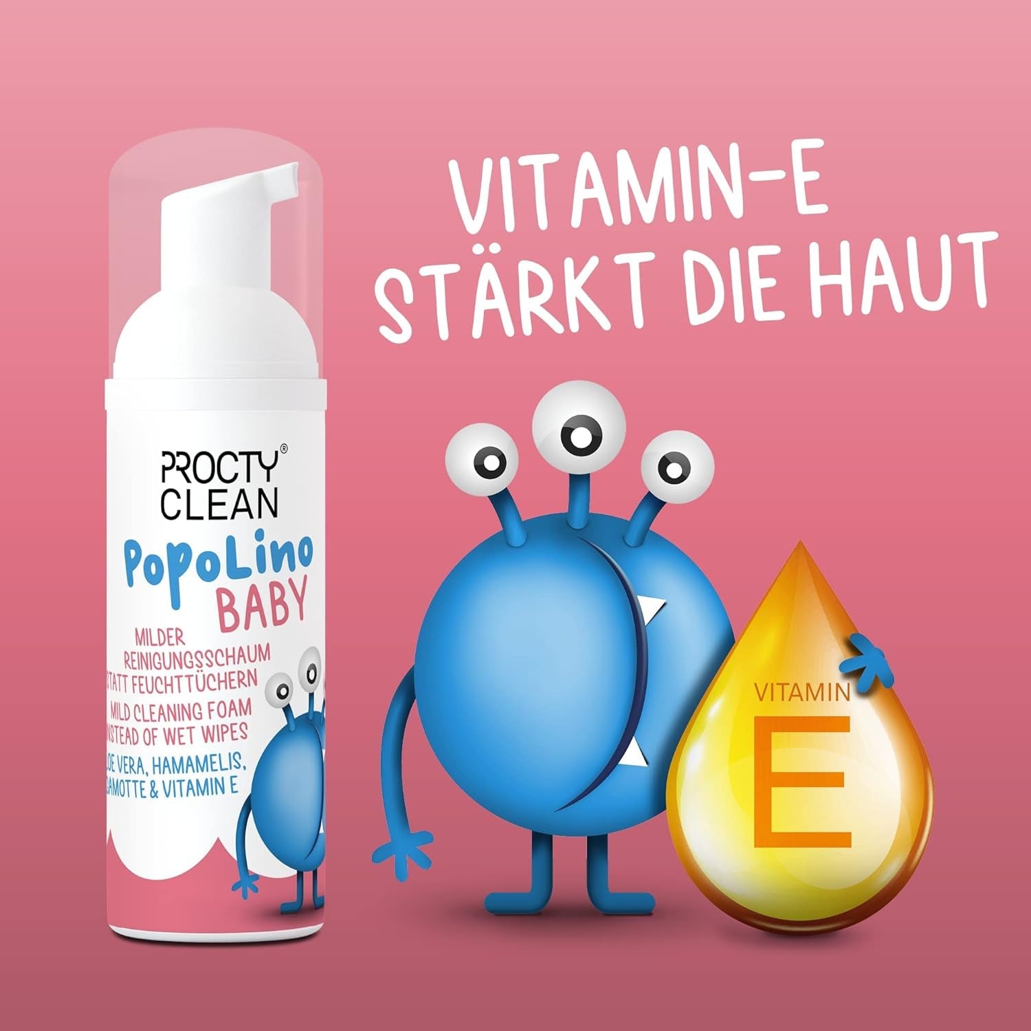 PopoLino Baby blød bundskum i stedet for våde babyservietter. Vegansk og naturligt kosmetisk renseskum! Bundskum med aloe vera, troldnød, bergamot og E-vitamin. Gør bunde og miljø glade.